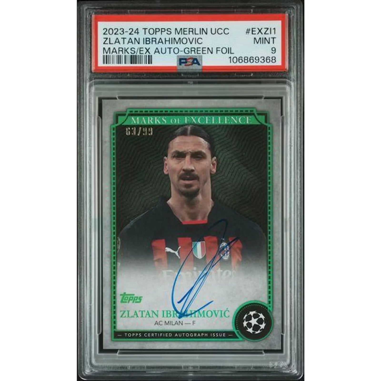Zlatan Ibrahimovic Signed 2023-24 Topps Marks of Excellence Card | Green Foil Auto/99 PSA