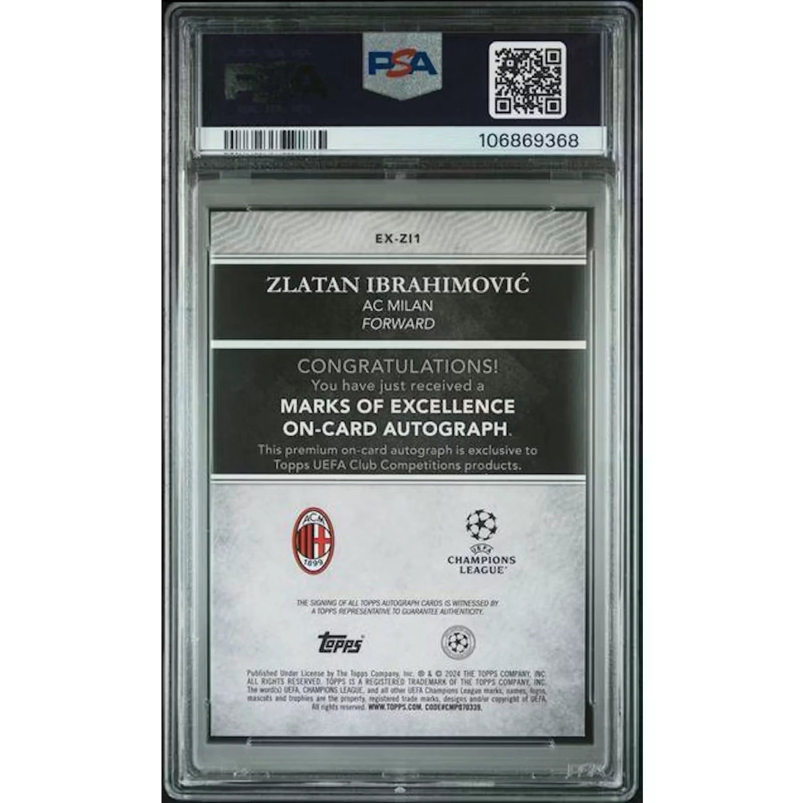 Zlatan Ibrahimovic Signed 2023-24 Topps Marks of Excellence Card | Green Foil Auto/99 PSA