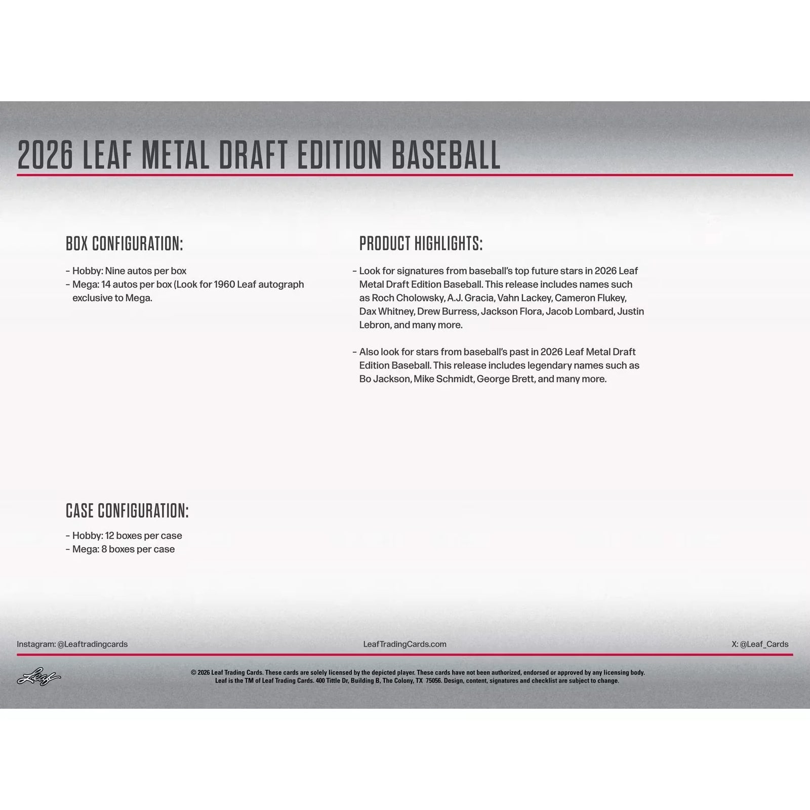 2026 Leaf Metal Draft Baseball Hobby 12-Box Case | Presell (Ships Sealed Only)