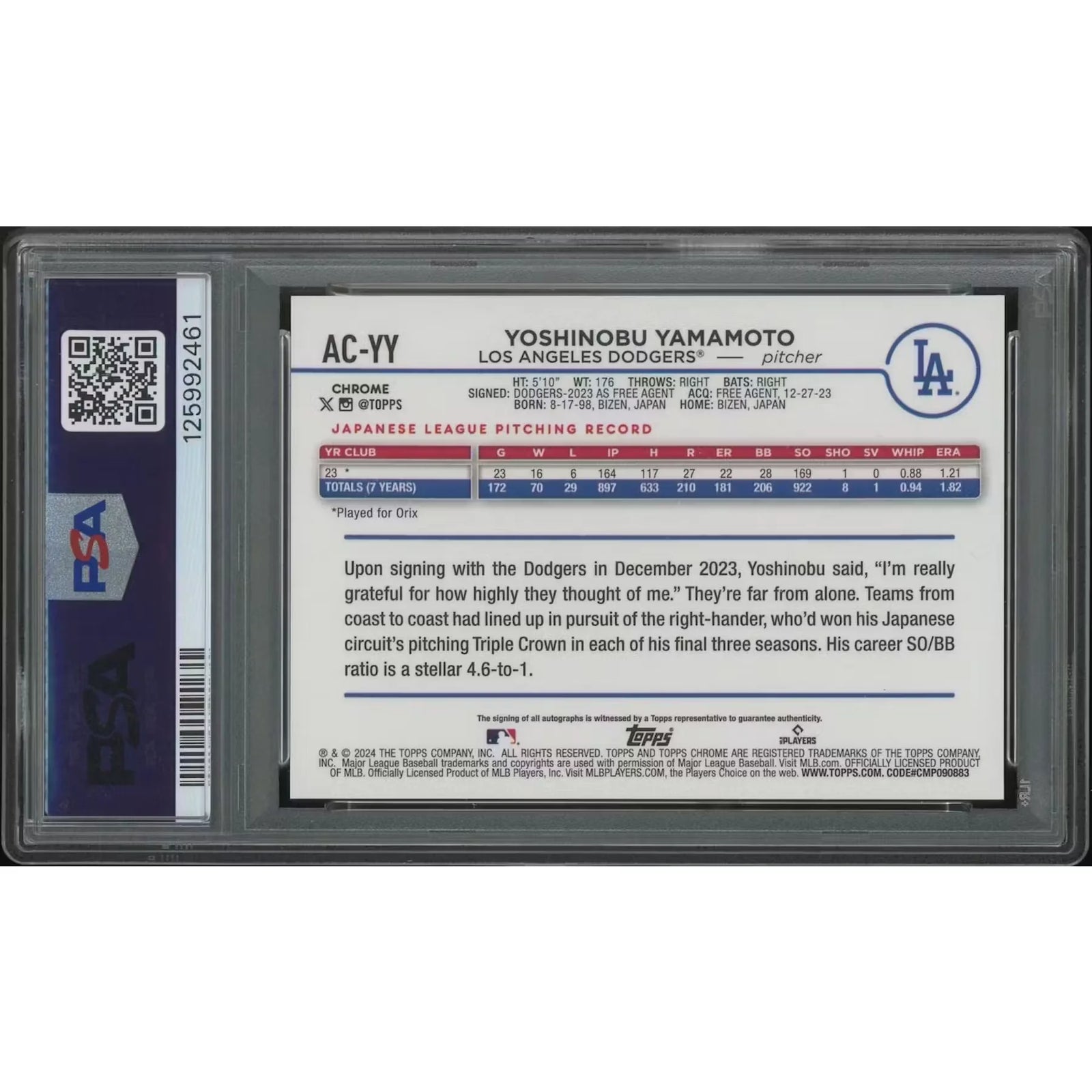 Yoshinobu Yamamoto 2024 Topps Chrome Update Rookie Auto | PSA 9 Aqua Wave #129