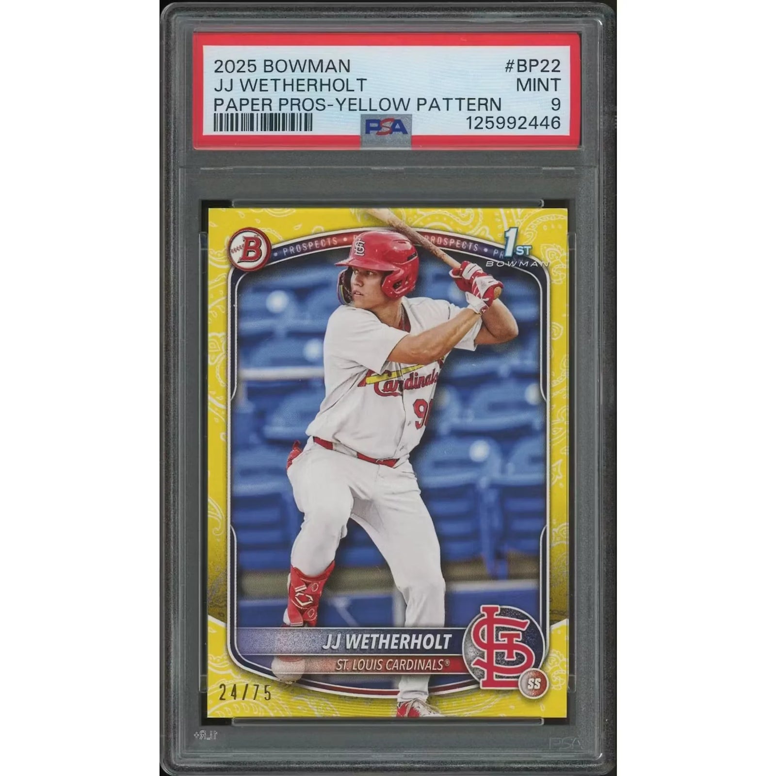 JJ Wetherholt 2025 Bowman Baseball #BP22 Yellow Pattern Rookie #24 Card | PSA 9 Mint
