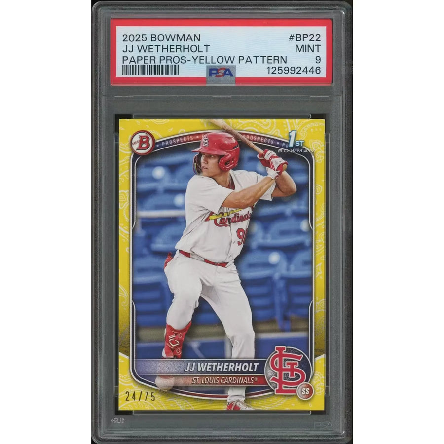 JJ Wetherholt 2025 Bowman Baseball #BP22 Yellow Pattern Rookie #24 Card | PSA 9 Mint