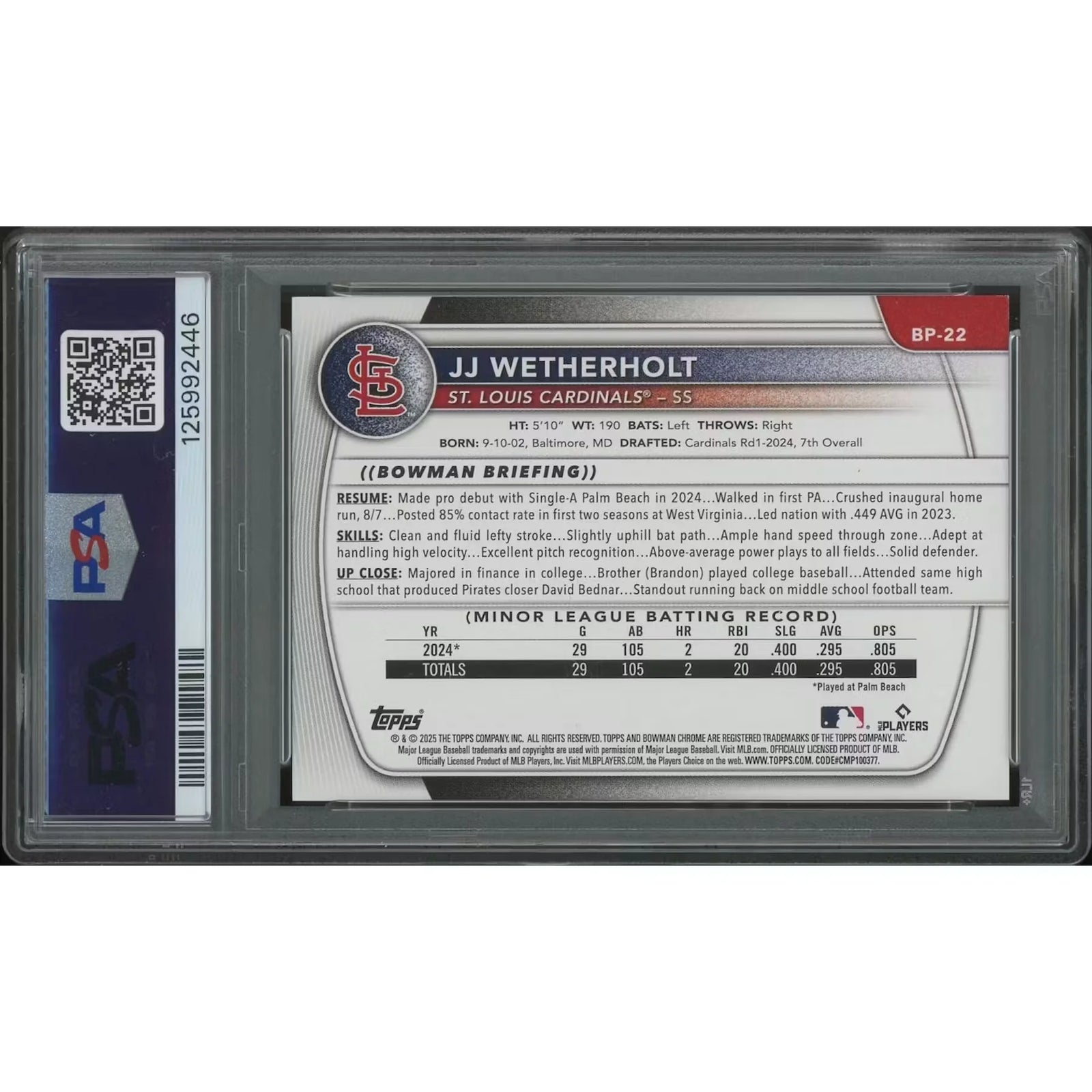 JJ Wetherholt 2025 Bowman Baseball #BP22 Yellow Pattern Rookie #24 Card | PSA 9 Mint