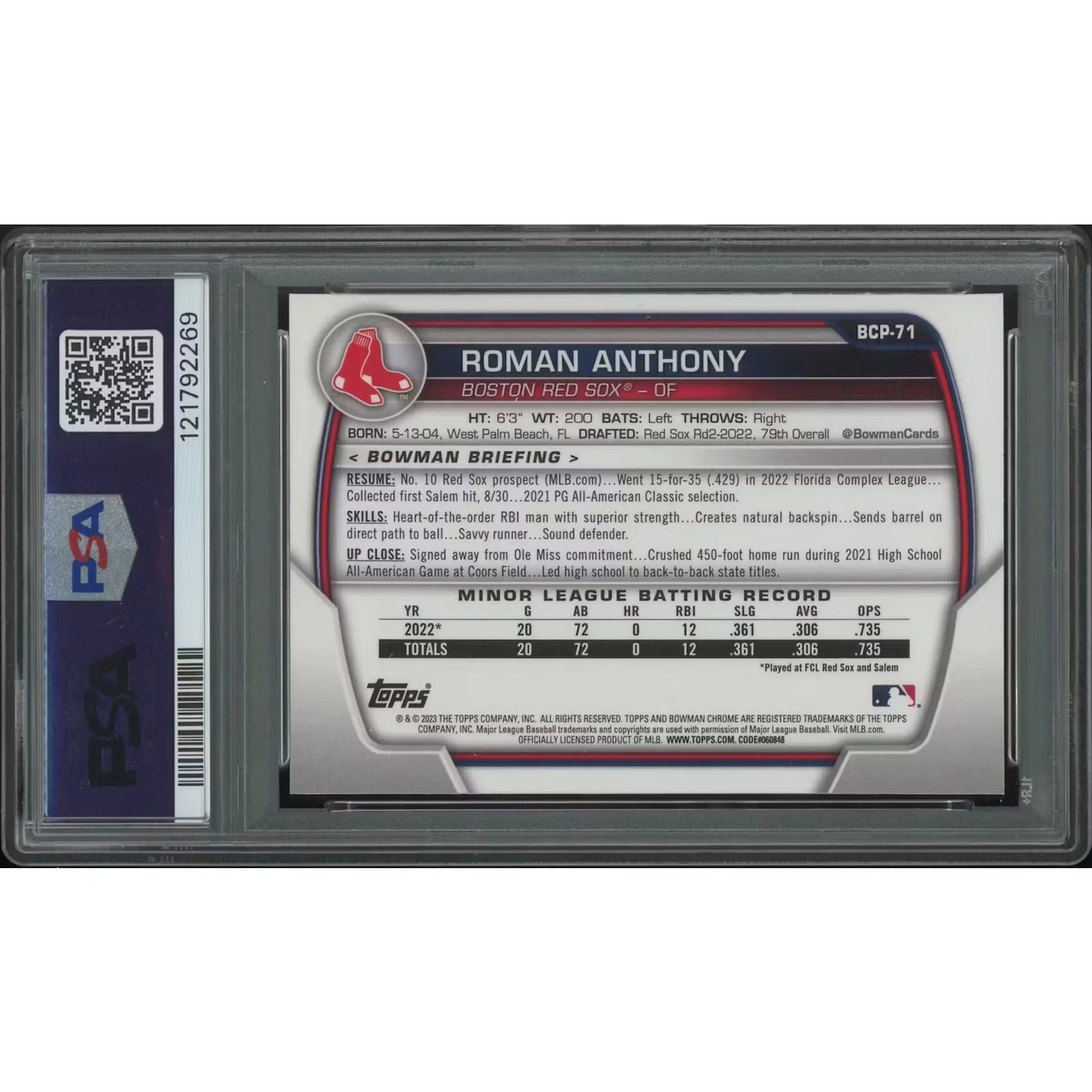 Roman Anthony 2023 Bowman Chrome Sapphire Rookie Card | PSA 9
