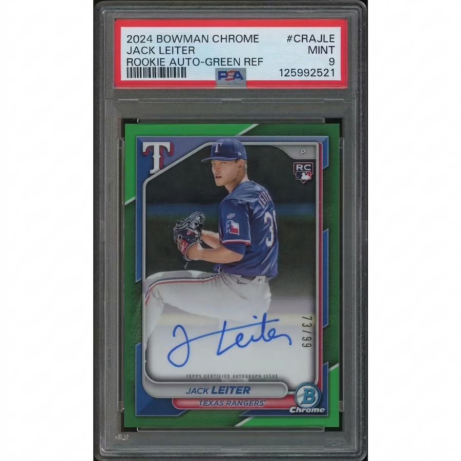 Jack Leiter Signed 2024 Bowman Chrome Rookie #73 Card | Green Refractor PSA 9