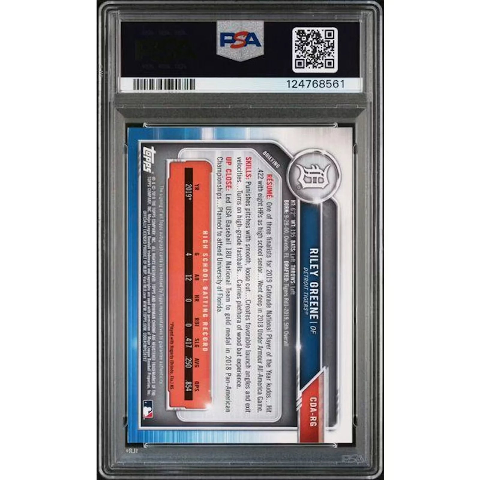Riley Greene 2019 Bowman Draft Blue Wave Refractor Auto | PSA 8