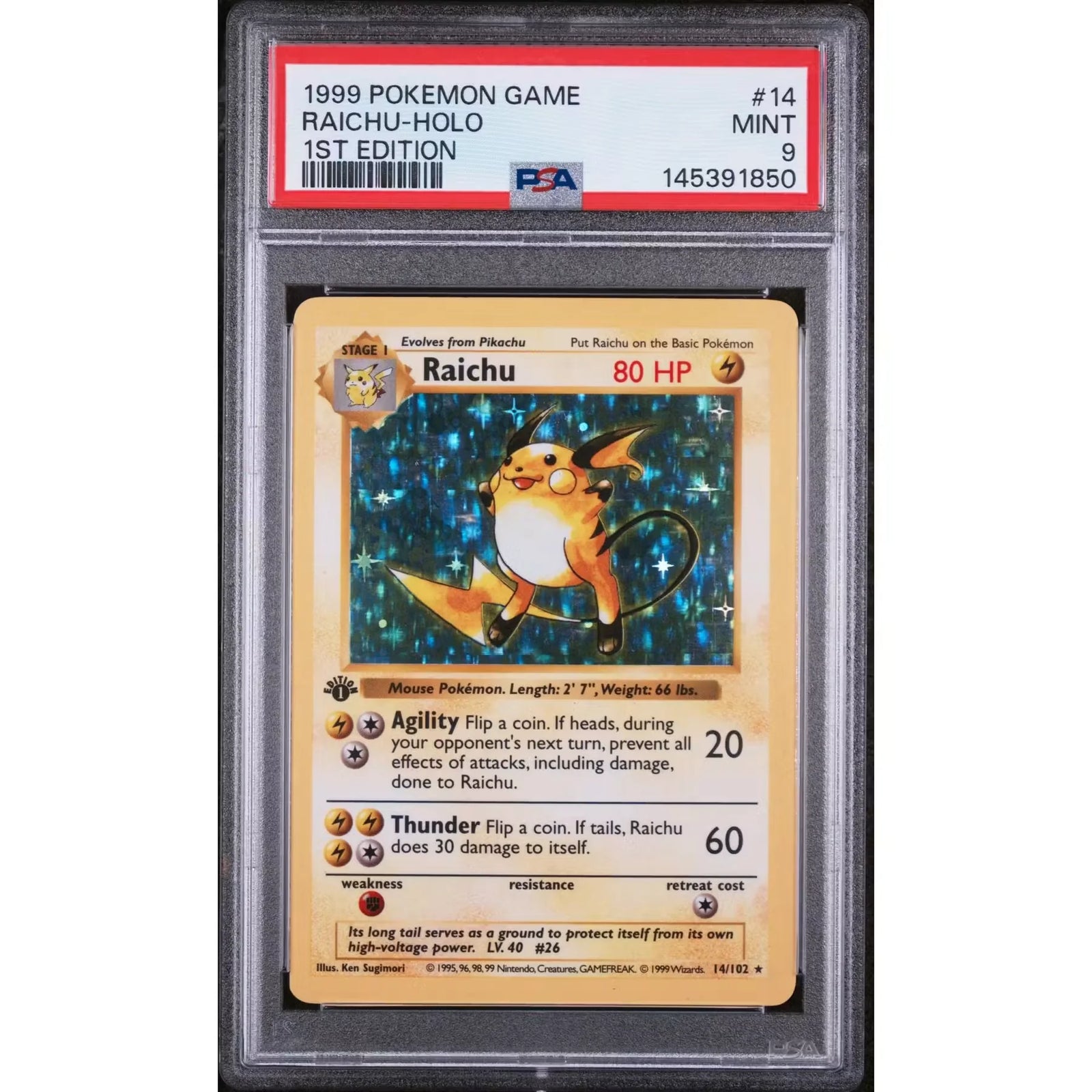 1999 Pokemon Base Set Shadowless Raichu Holo 1st Edition 14/102 | PSA 9
