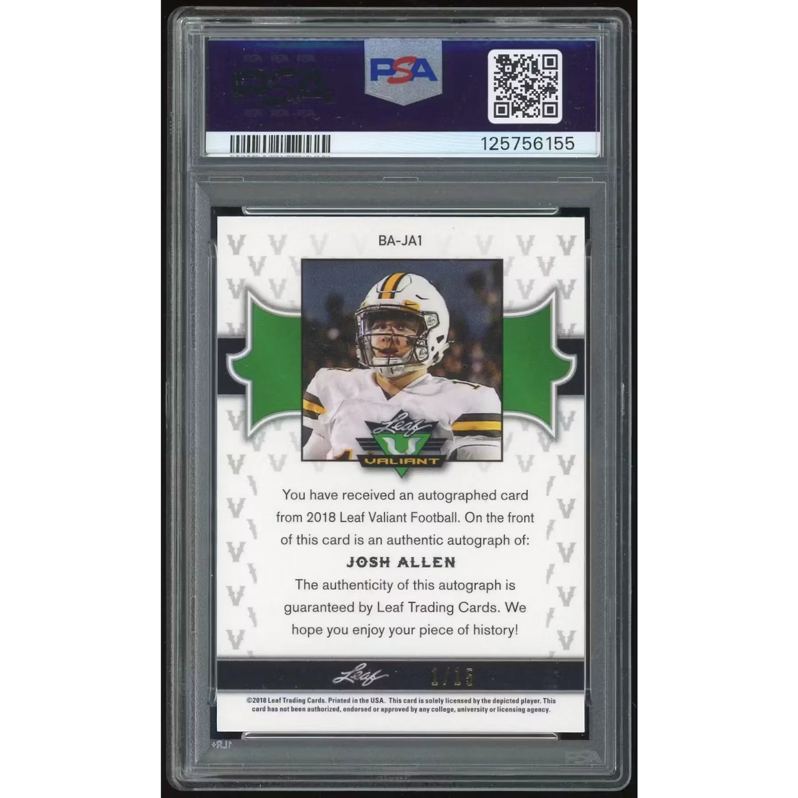 Josh Allen 2018 Leaf Valiant Rookie Auto Purple | PSA 9