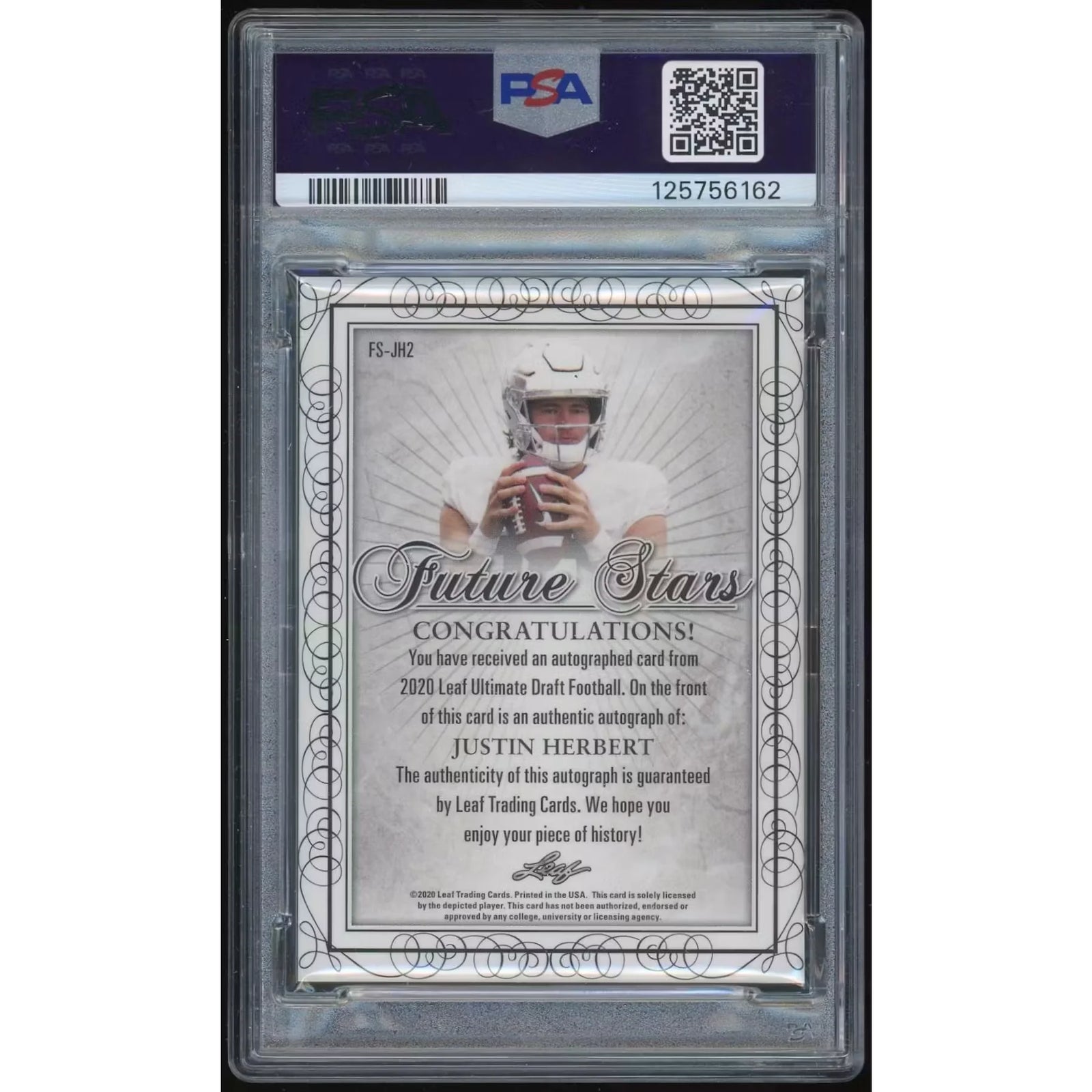 2020 Leaf Ultimate Draft Future Stars #JH2 Justin Herbert RC Auto Platinum Spectrum #/25 PSA 10