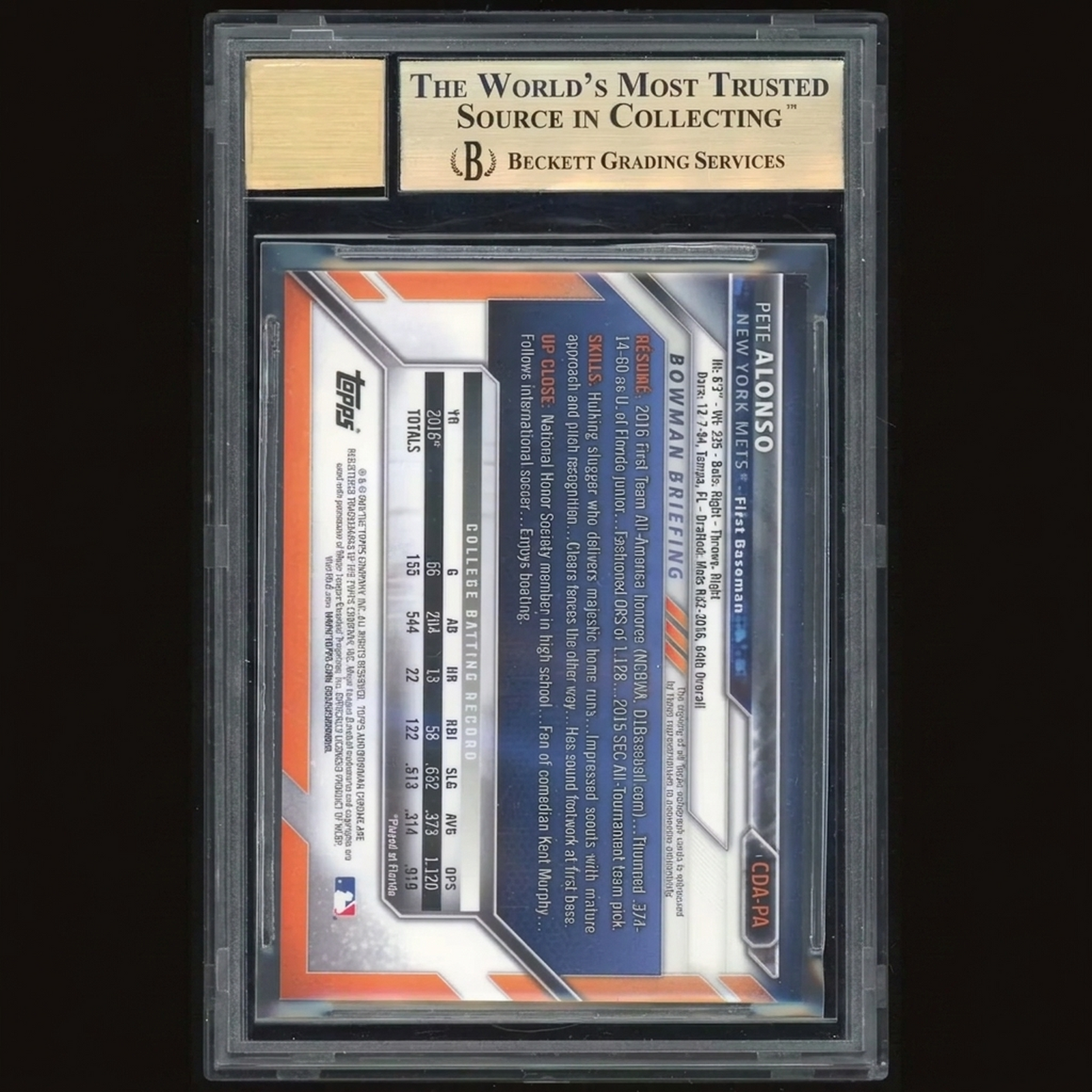 Pete Alonso Signed 2016 Bowman Chrome Draft Card | BGS 9.5 Auto 10