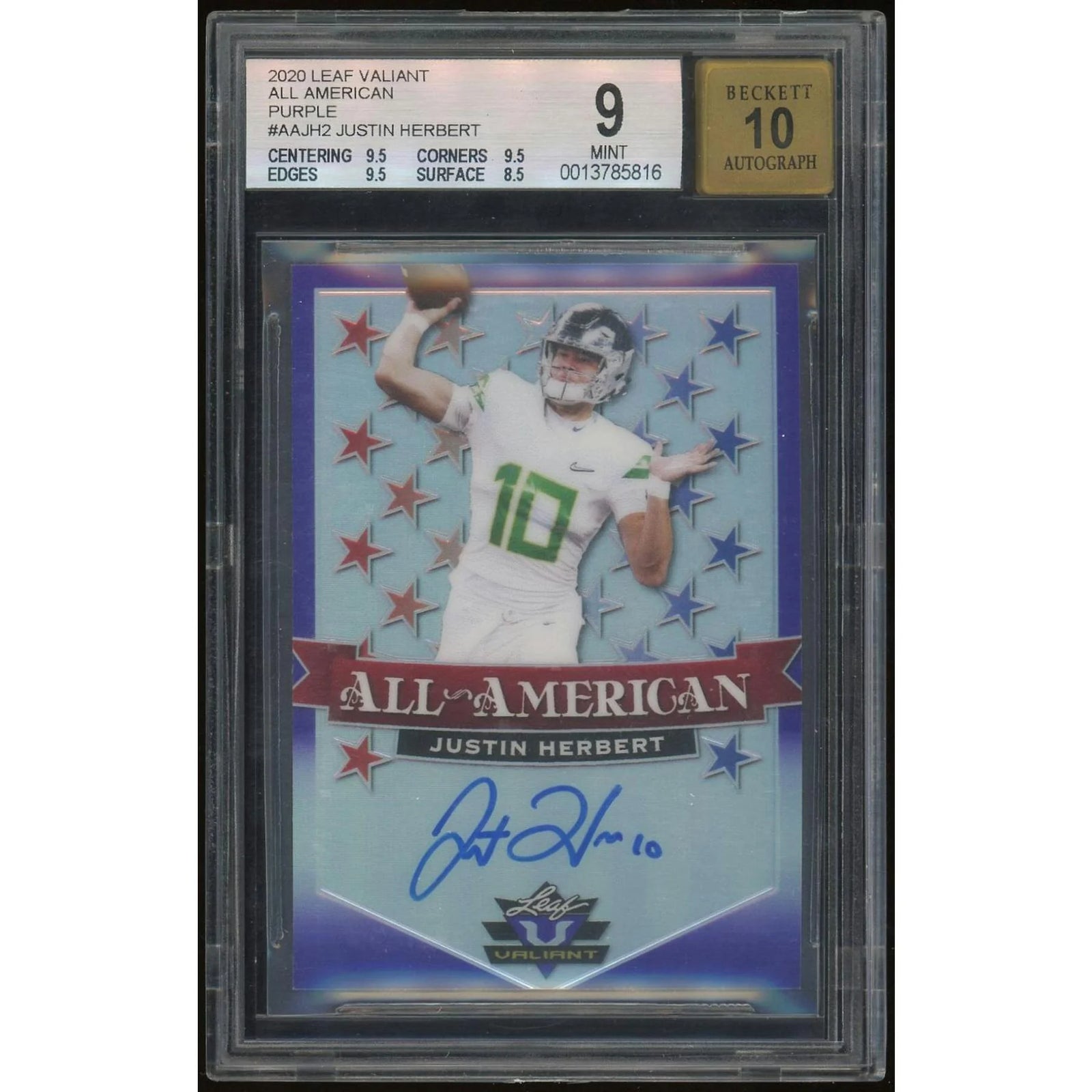 2020 Leaf Valiant All-American #AAJH2 Justin Herbert RC Auto Purple #/20 BGS 9 Auto 10 *5816