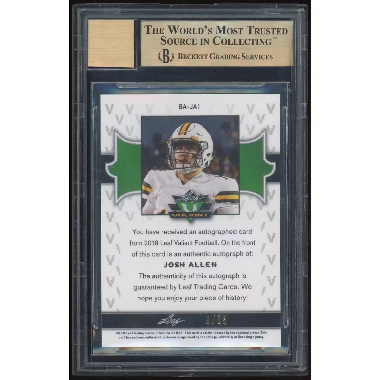 Josh Allen 2018 Leaf Valiant Rookie Auto Orange | BGS 9.5
