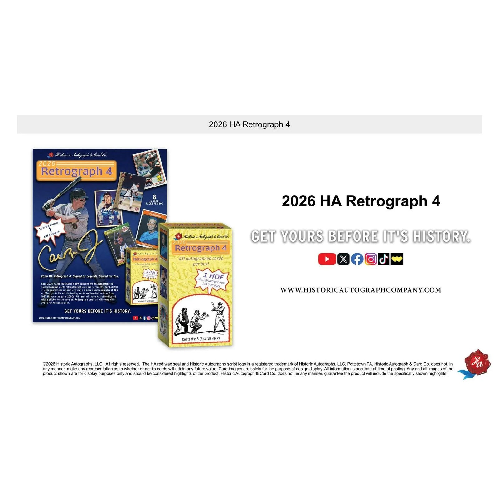 DRAFT - Presell 2026 Historic Autographs Retrograph 4 Baseball Hobby Box (Presell) Releases May. 21st, 2026