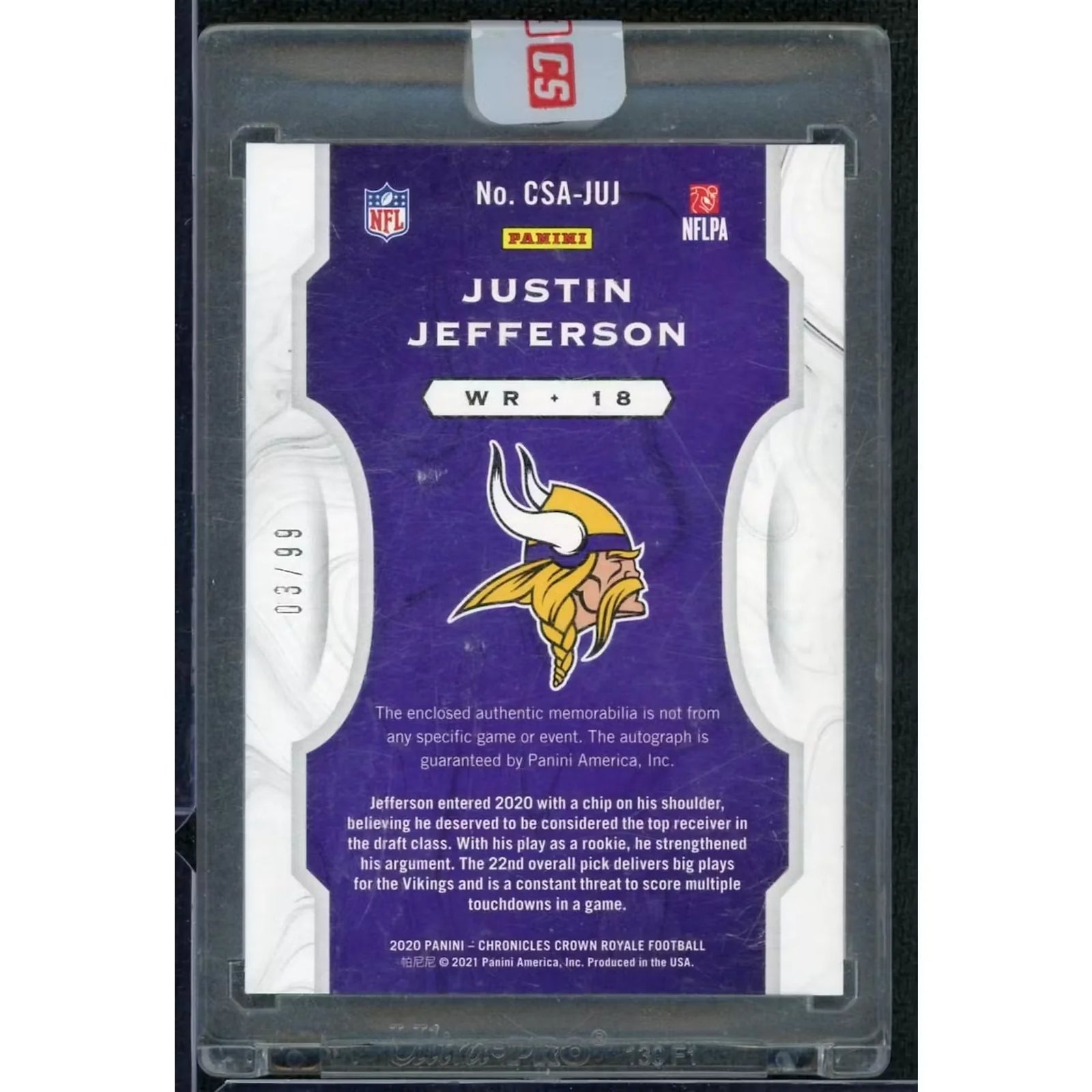 Justin Jefferson 2020 Panini Crown Royale Silhouettes Rookie Patch Auto |/99