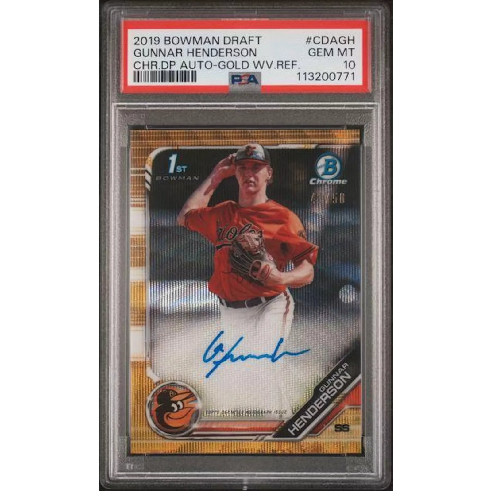 Gunnar Henderson 2019 Bowman Draft Gold Wave Refractor Auto | PSA 10