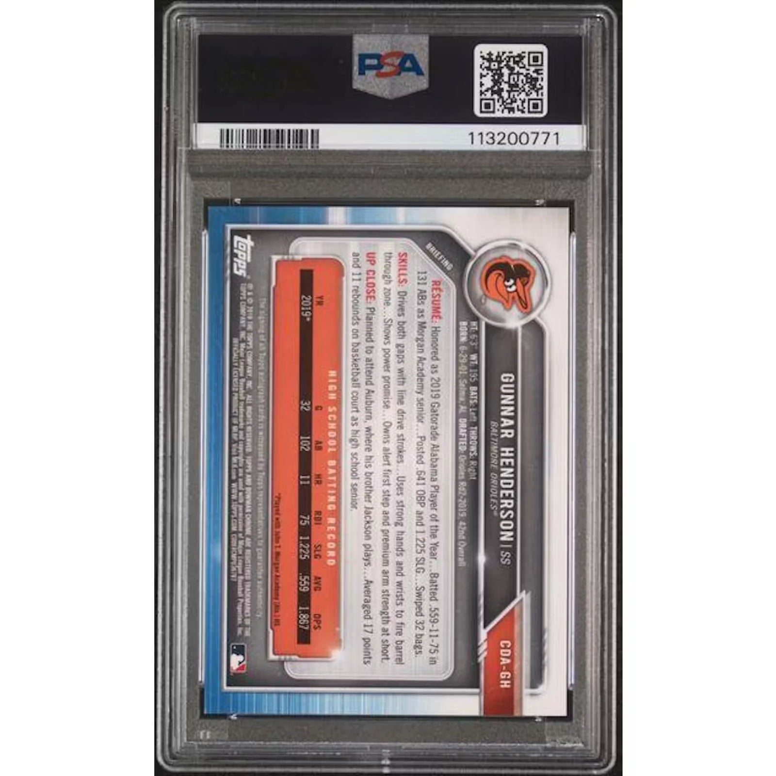 Gunnar Henderson 2019 Bowman Draft Gold Wave Refractor Auto | PSA 10