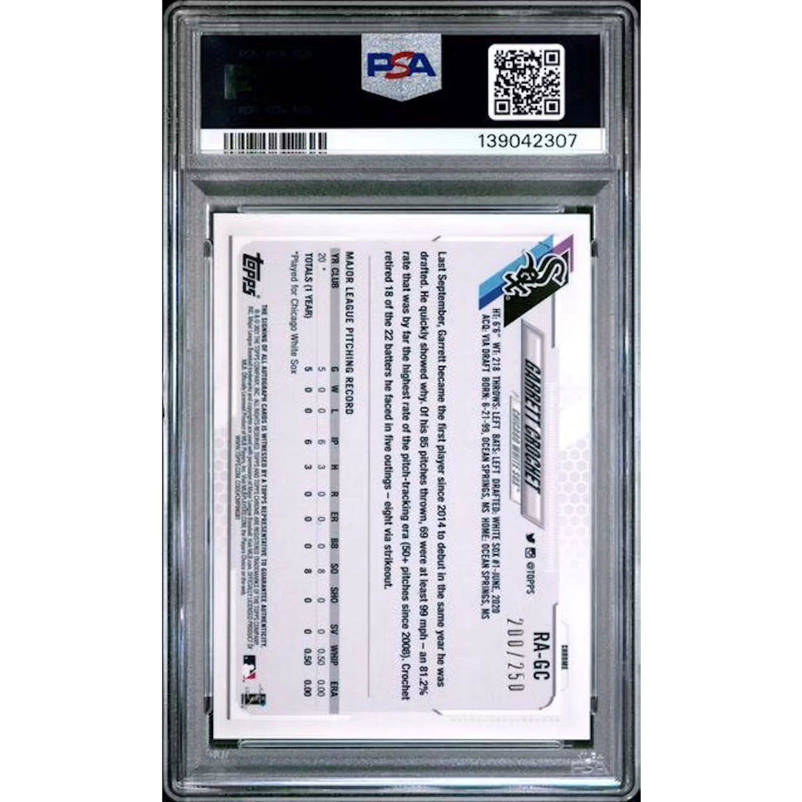 Garrett Crochet Signed 2021 Topps Chrome Rookie Purple Refractor | PSA 9