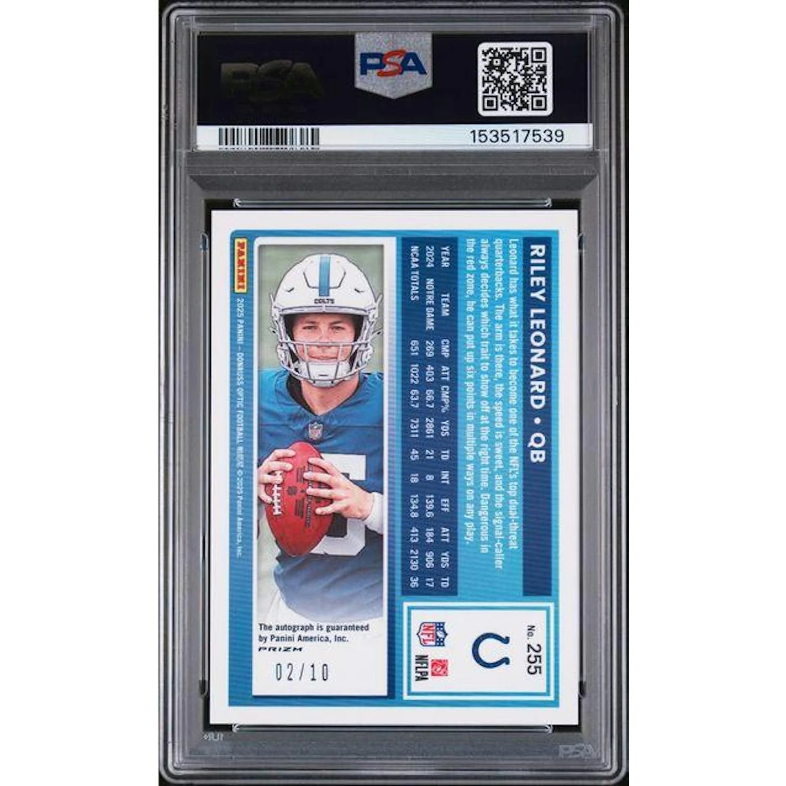 Riley Leonard Signed 2025 Panini Donruss Optic Gold Rookie Card | PSA 9