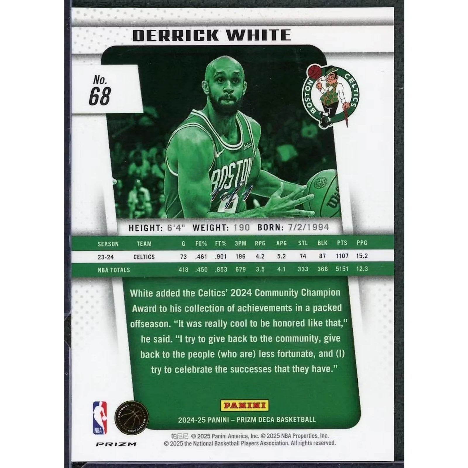 Derrick White 2024-25 Panini Prizm Deca #68 Black Prizm 1/1