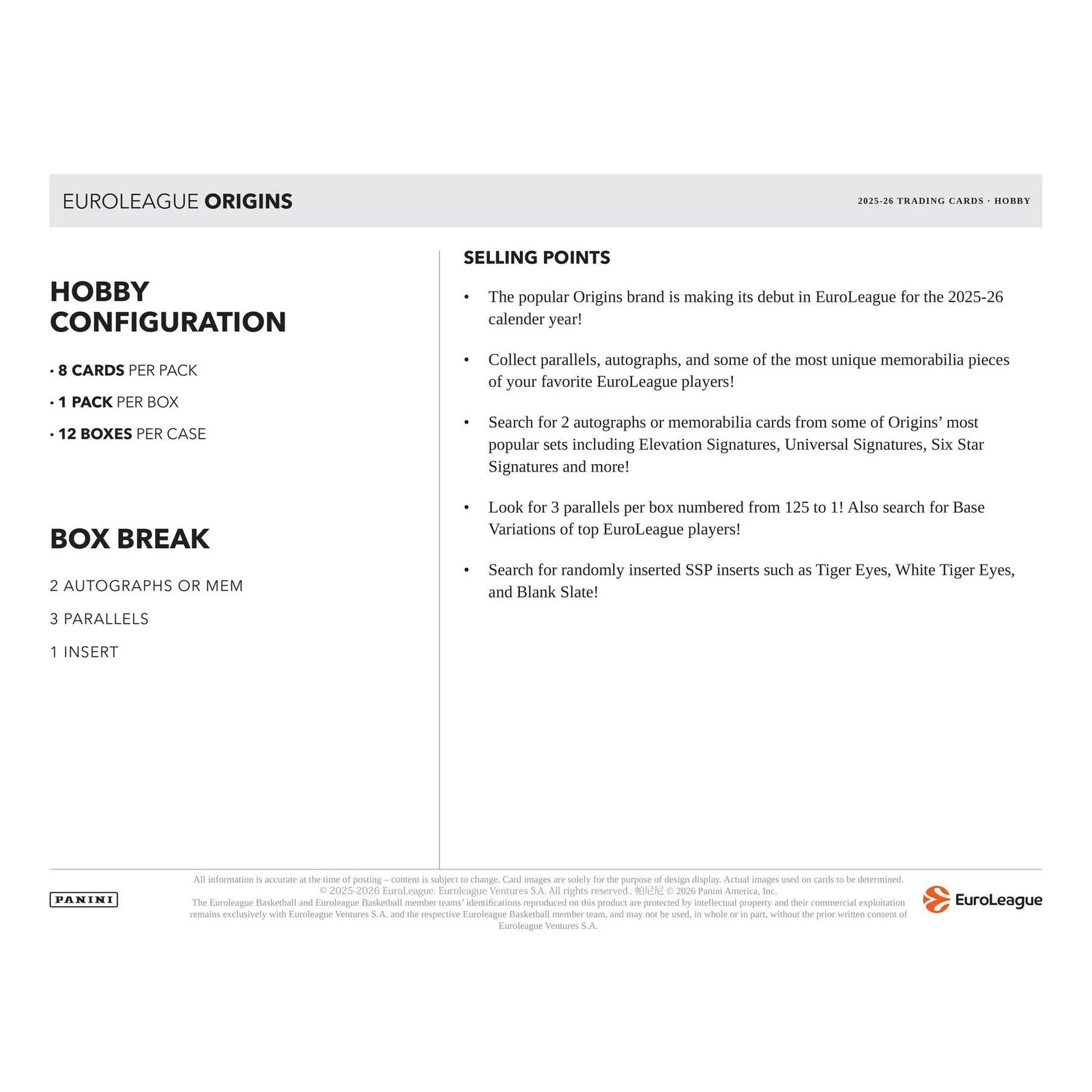 DRAFT - Presell 2025/26 Panini Origins EuroLeague Basketball Hobby 12-Box Case (Presell) Releases Jun. 17th, 2026