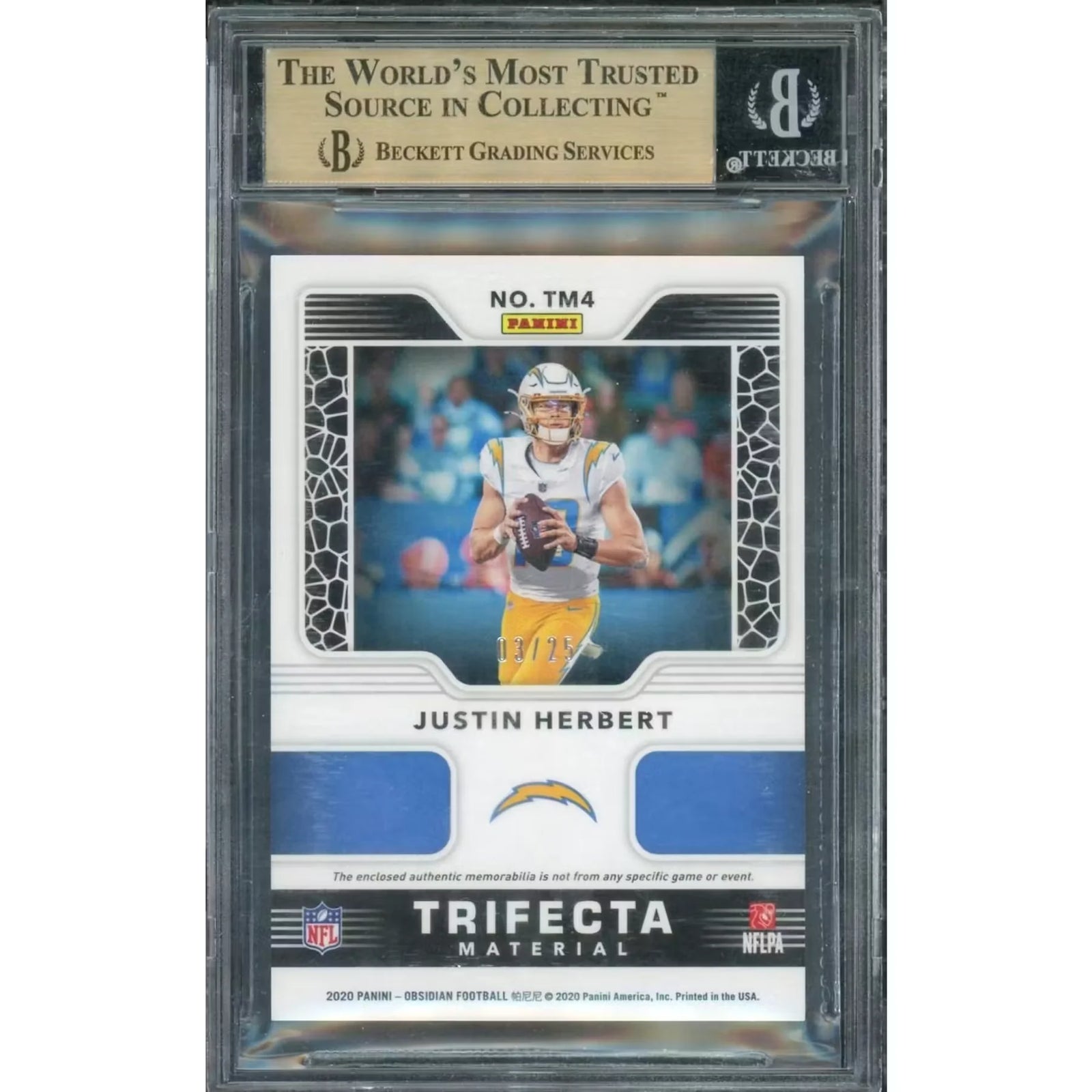 Justin Herbert 2020 Panini Obsidian Trifecta Materials Card | BGS 9.5