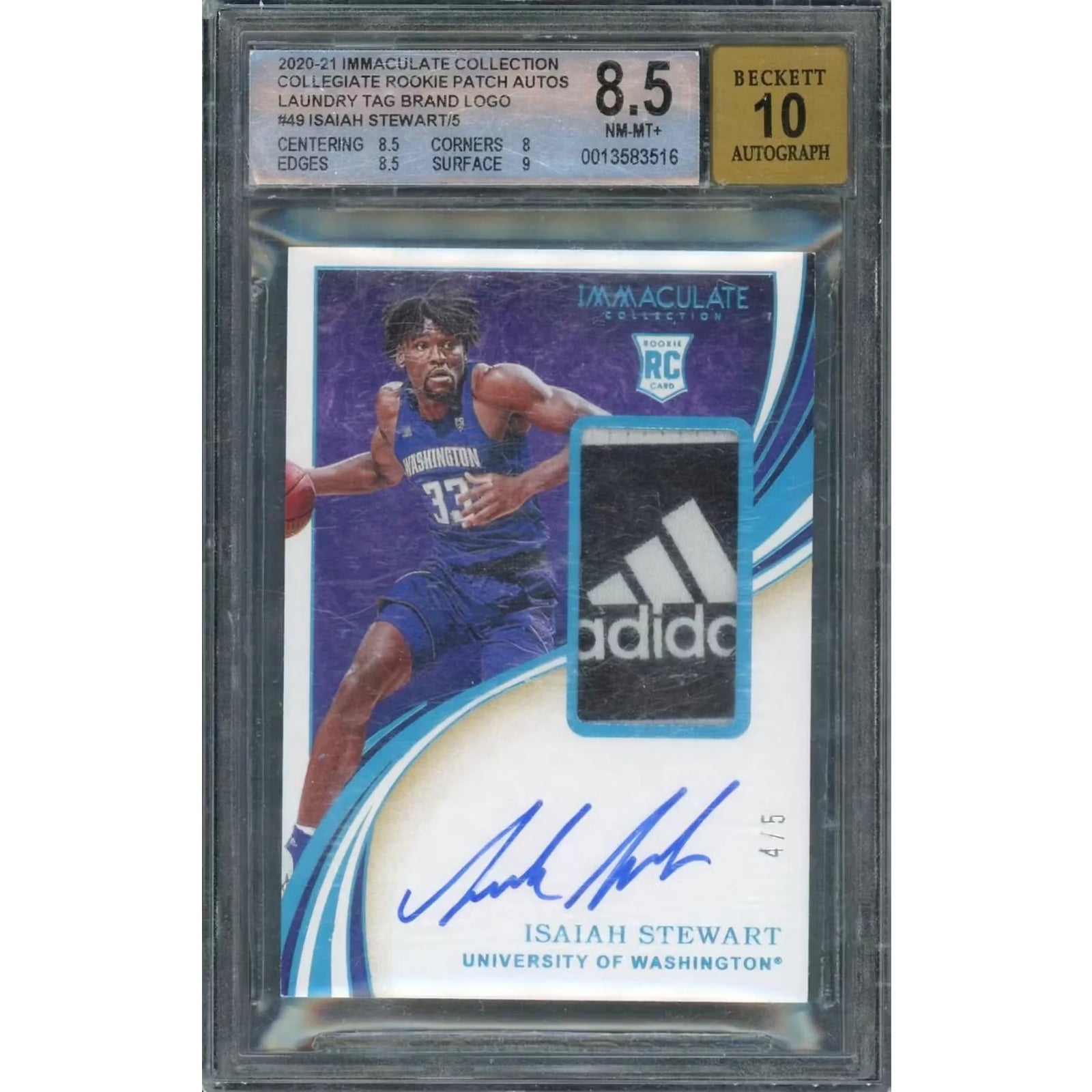 Isaiah Stewart Signed Rookie Patch Auto | 2020-21 Panini Immaculate BGS 8.5