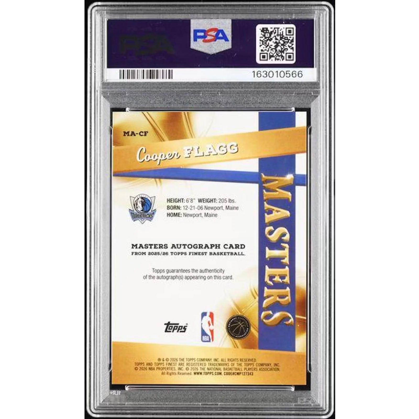 Cooper Flagg Signed 2025-26 Topps Finest Card | Masters Red Geometric Auto/5 PSA 10