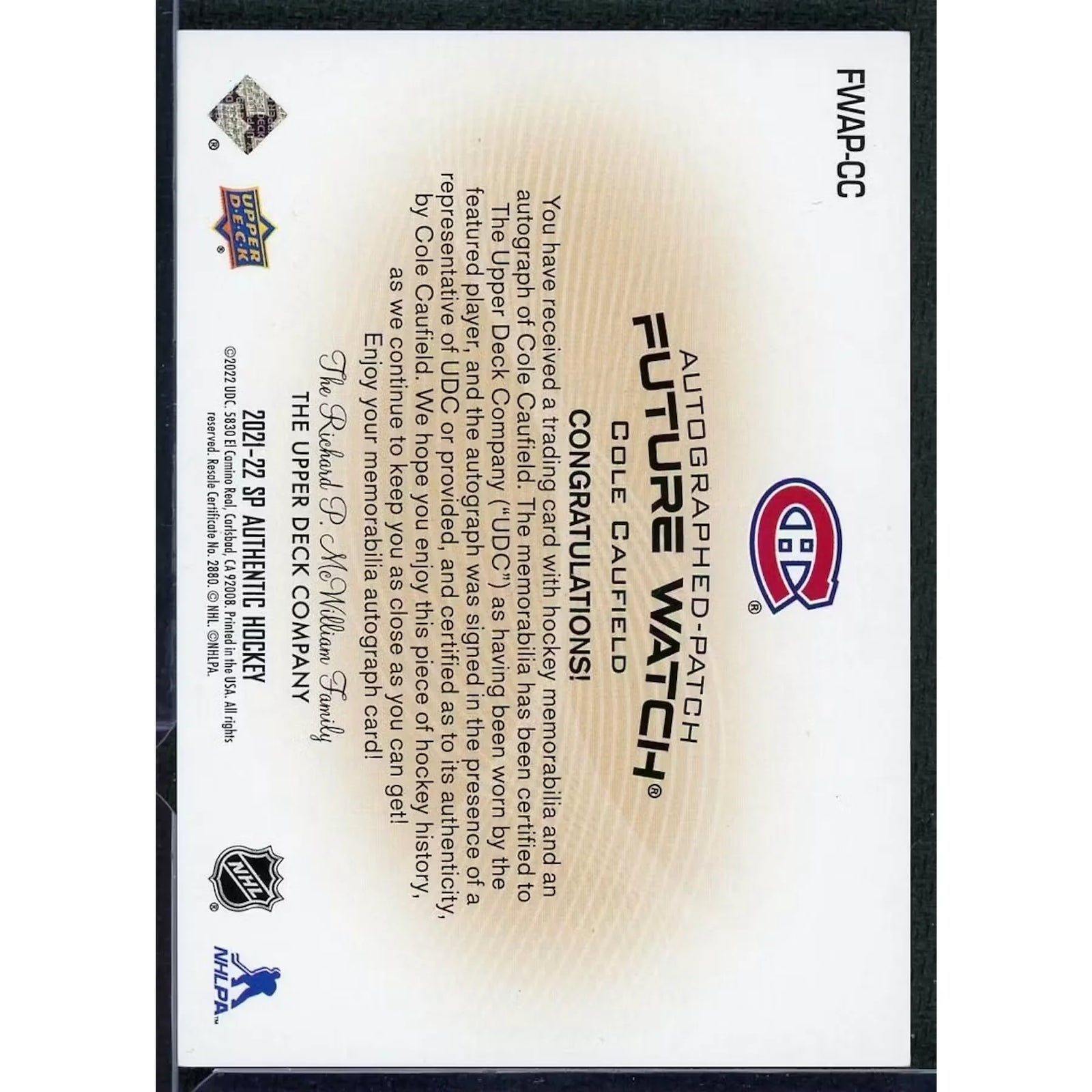 Cole Caufield Signed 2021-22 SP Authentic Future Watch Patch Card |/100