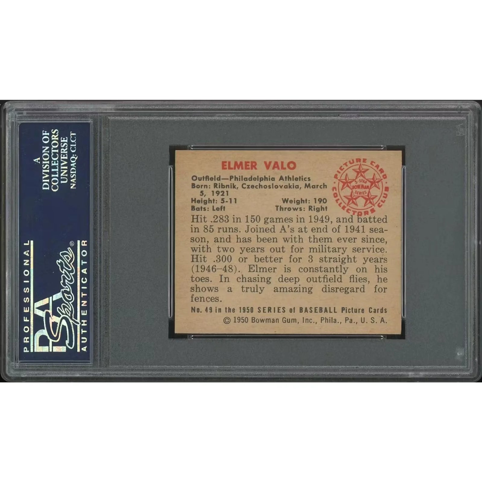 1950 Bowman Baseball #49 Elmer Valo | PAS 7.5 NM+