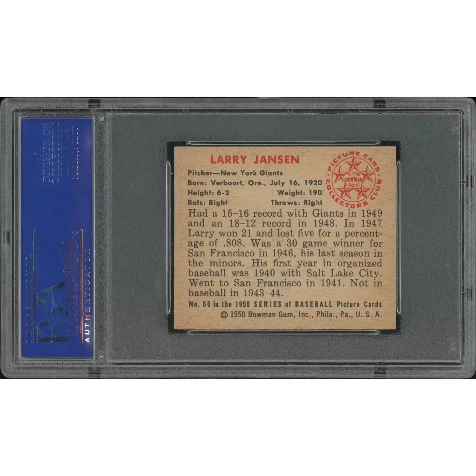 Larry Jansen 1950 Bowman Baseball Card #66 | PSA 7 NM