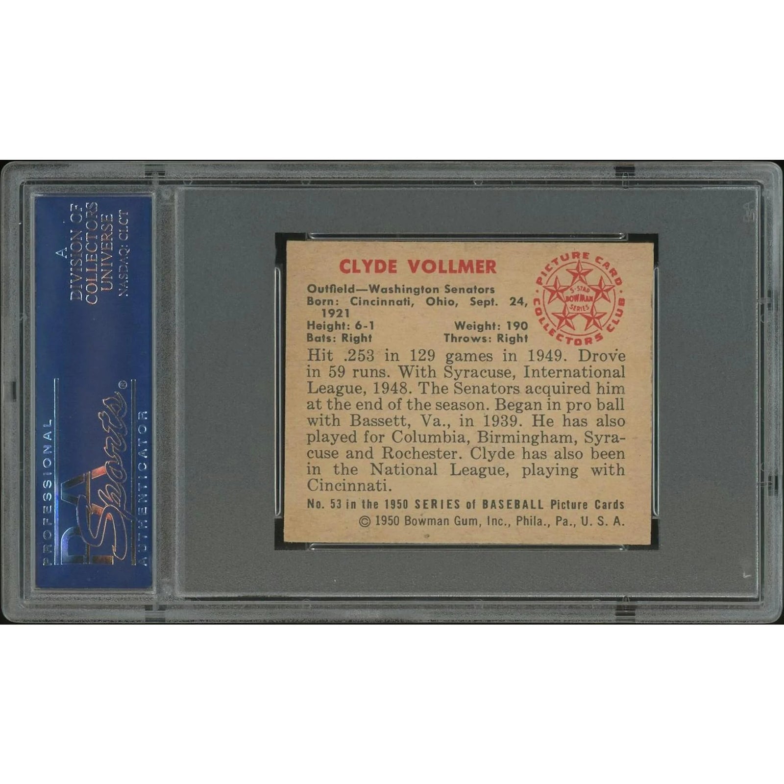 Clyde Vollmer 1950 Bowman Baseball Card #53 Rookie | PSA 7 NM