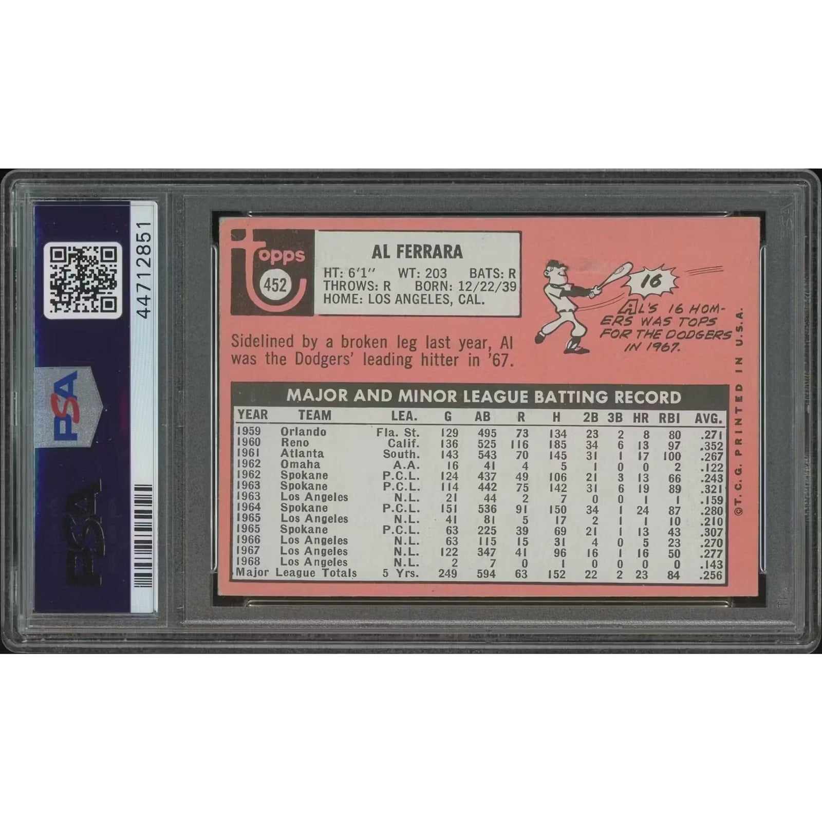 1969 Topps Baseball #452 Al Ferrara | PSA 6 EX-MT