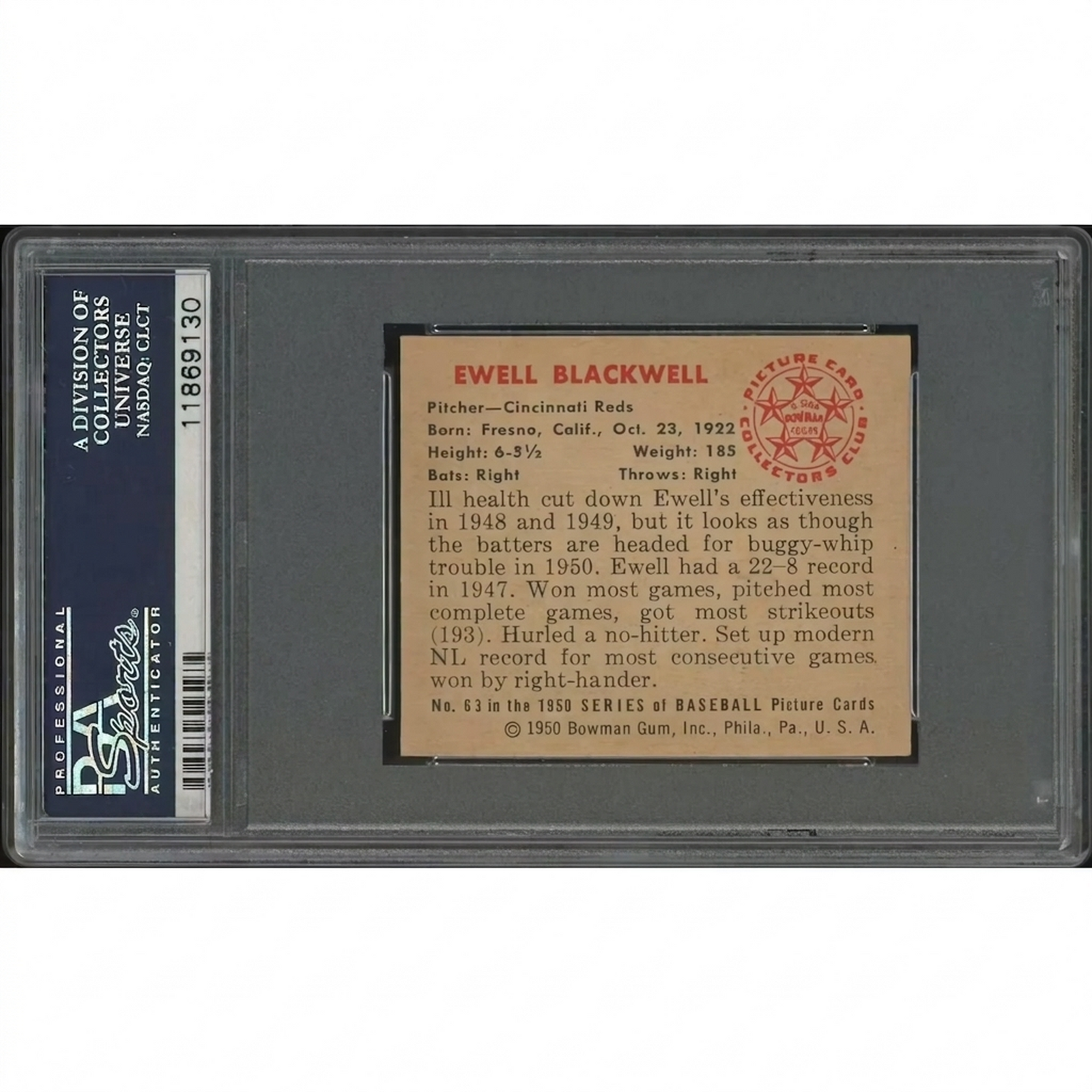 Ewell Blackwell 1950 Bowman Baseball Card #63 | PSA 8 NM-MT