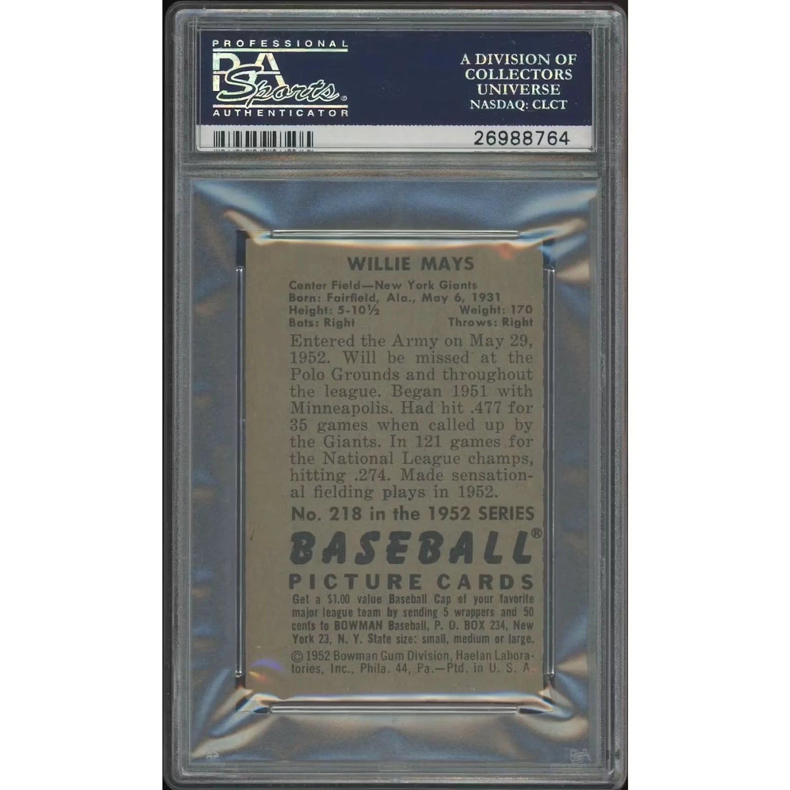 Willie Mays 1952 Bowman Baseball Card #218 | PSA 8 NM-MT