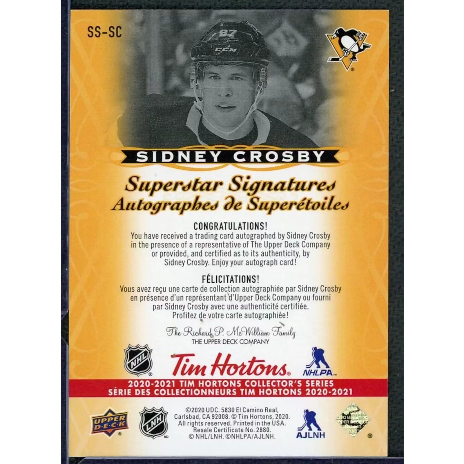 2020-21 Sidney Crosby Signed Tim Hortons Card | Superstar Signatures/87