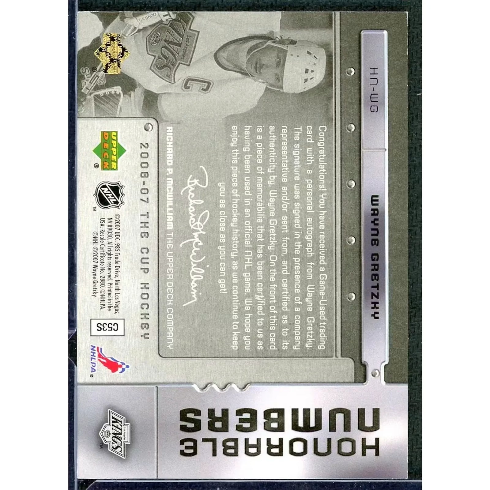 Wayne Gretzky Signed 2006-07 Upper Deck The Cup Card | Honorable Numbers Patch Auto/99