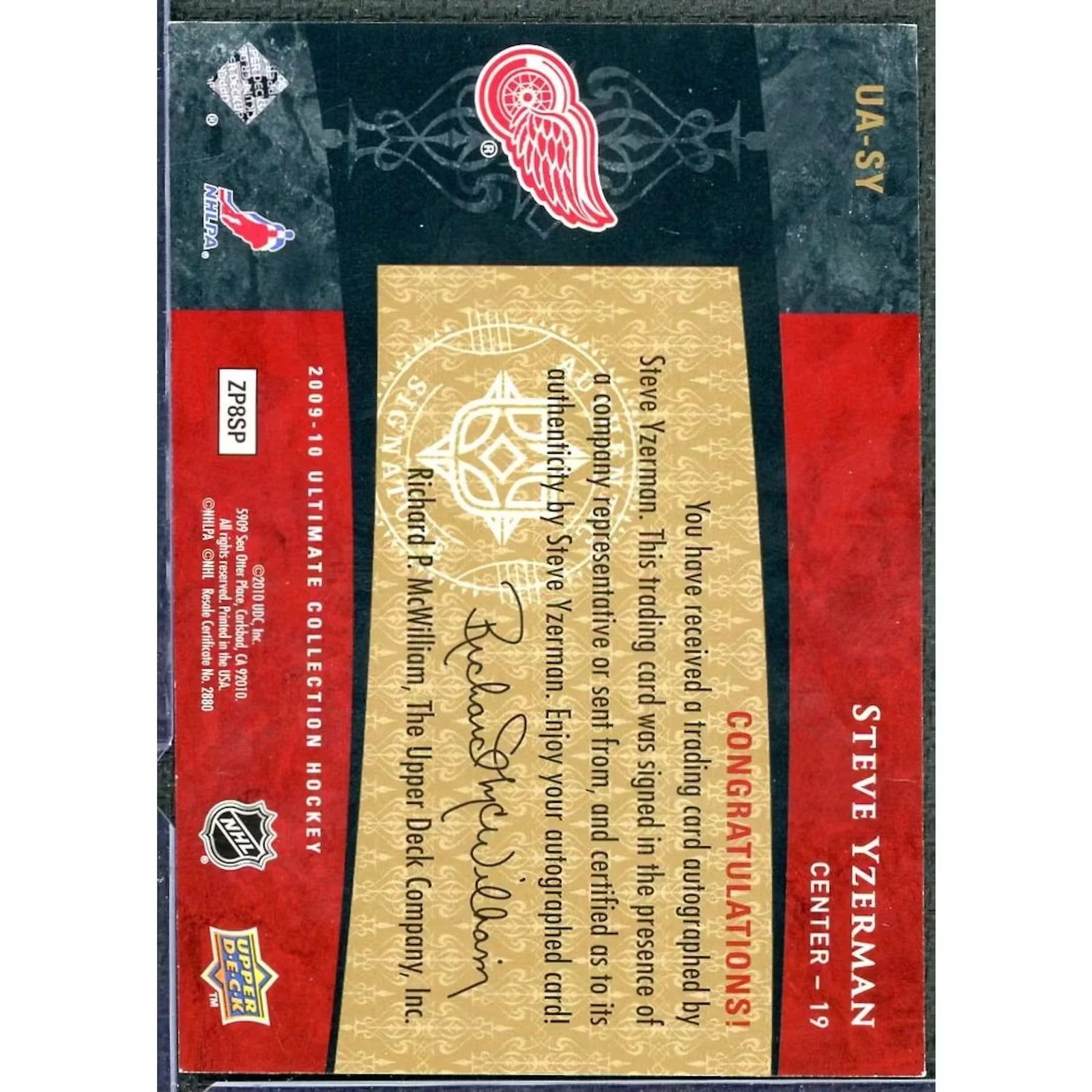 Steve Yzerman Signed 2009-10 Upper Deck Ultimate Achievements Card | Auto/25