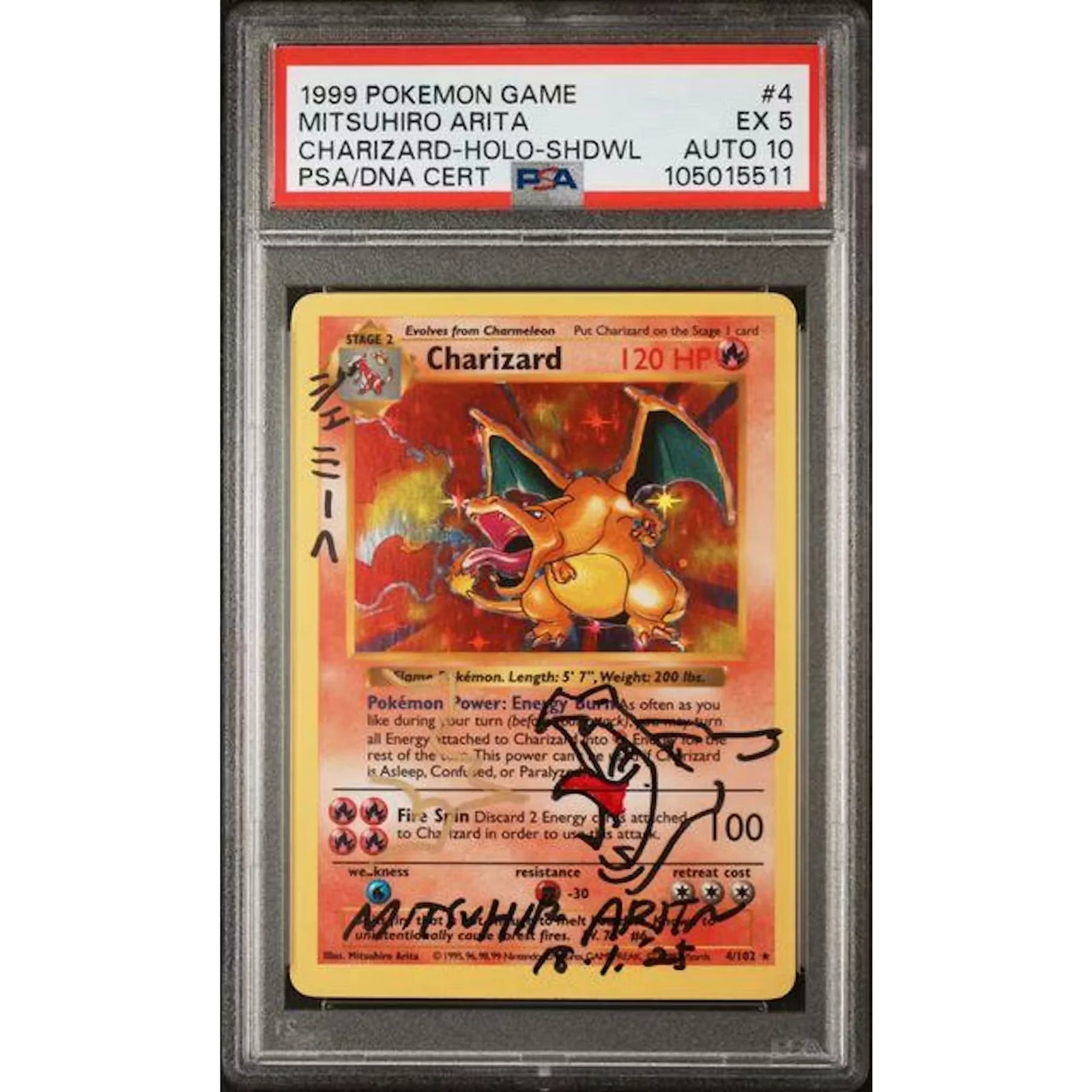 1999 Pokemon Charizard Shadowless Holo #4 | Mitsuhiro Arita Signed PSA 5