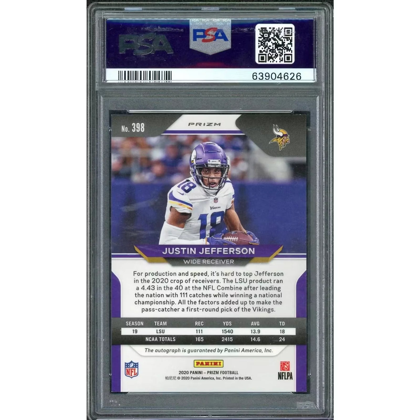 Justin Jefferson 2020 Panini Prizm Rookie Auto #398 | PSA 9