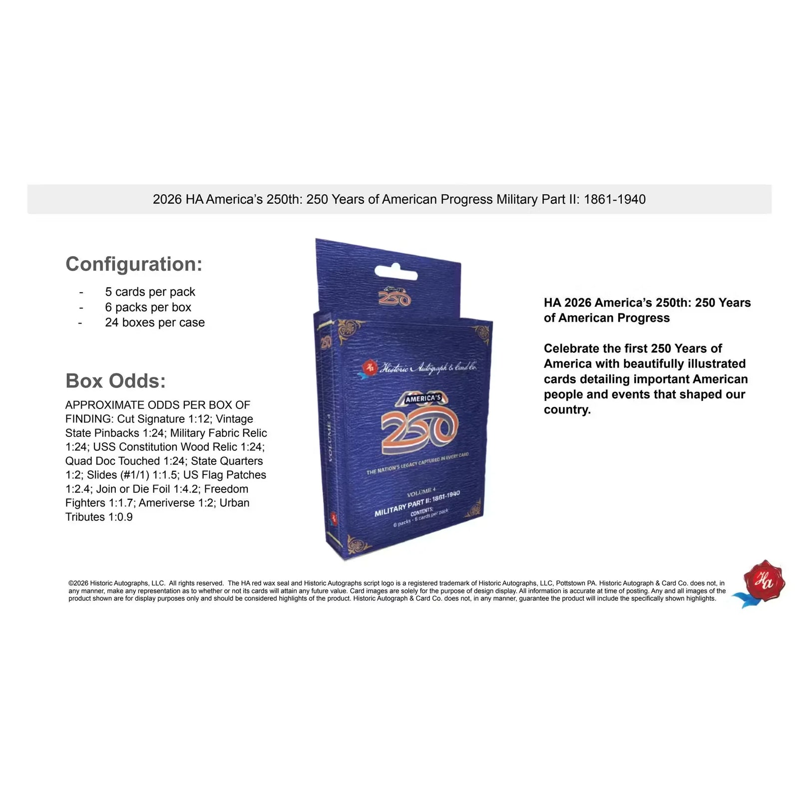 2026 Historic Autographs America's 250th Anniversary Part 2 Military Hobby 24-Box Case | P
