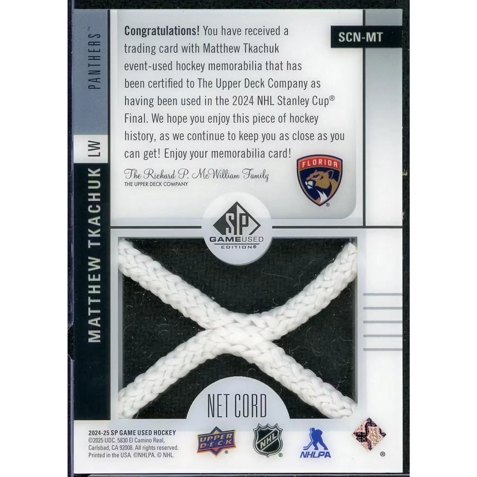 Matthew Tkachuk 2024 UD SP Game Used Card | Net Cord/25
