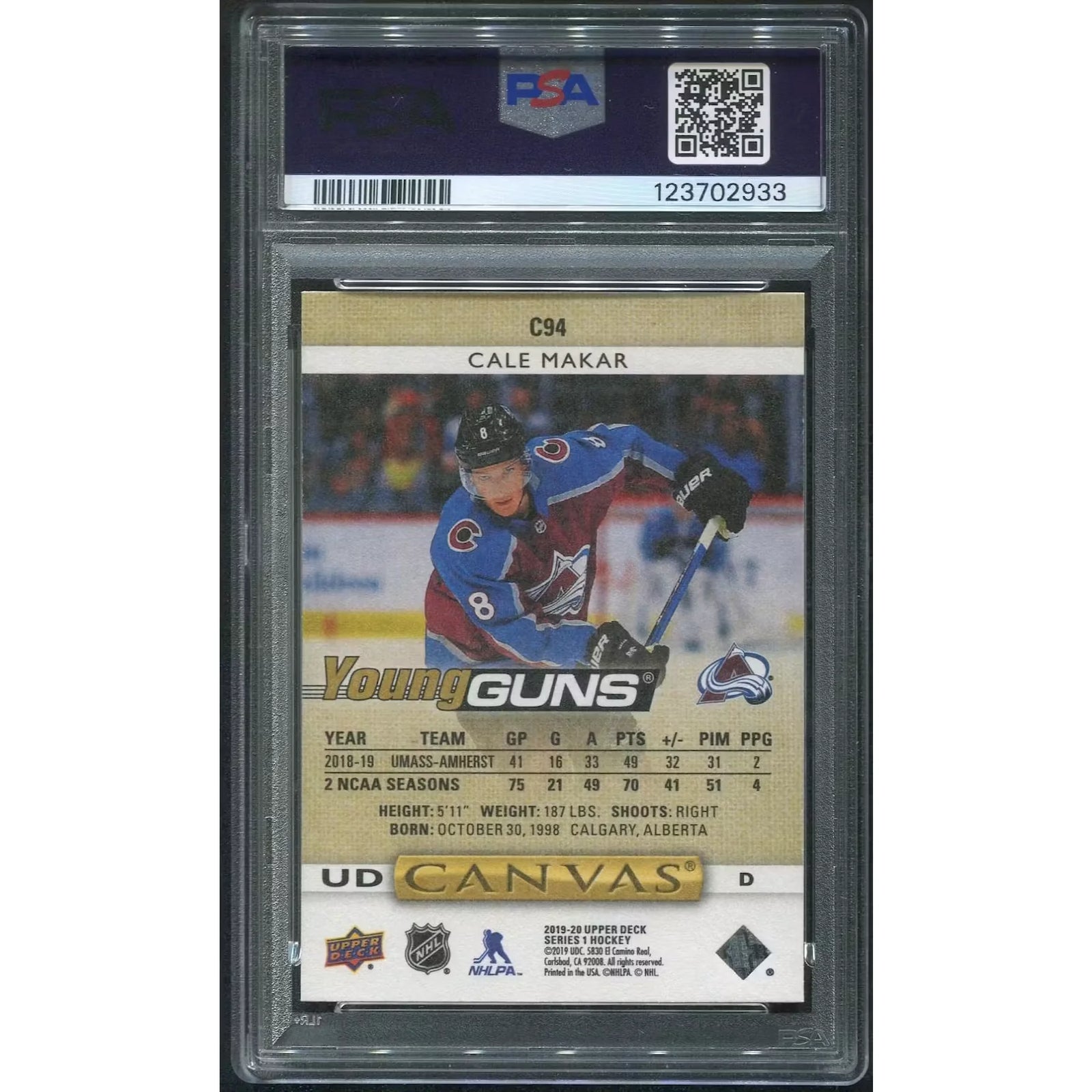 Cale Makar 2019-20 Upper Deck Young Guns Canvas Rookie | PSA 10 Gem Mint #C94