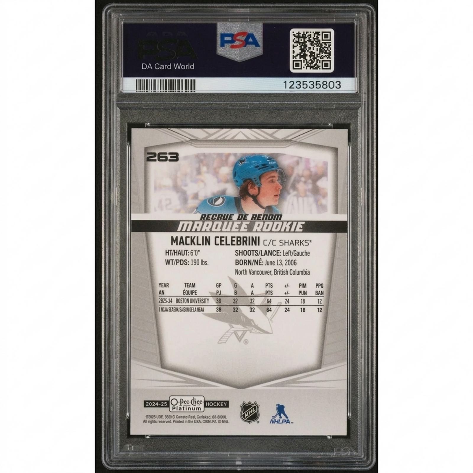 Macklin Celebrini 2024-25 O-Pee-Chee Platinum Rookie Card #263 | PSA 9