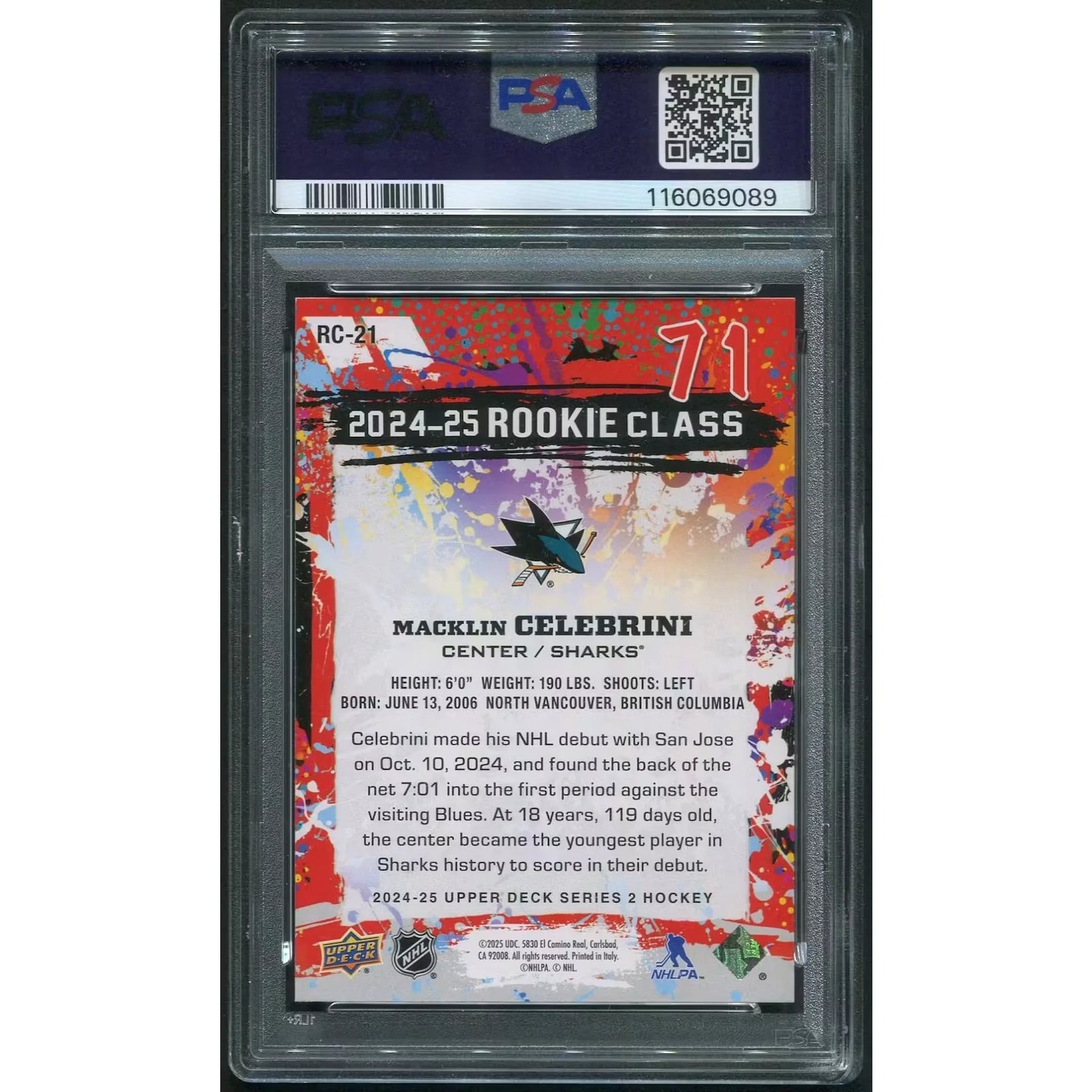 Macklin Celebrini 2024-25 Upper Deck Hockey RC21 Rookie | PSA 10