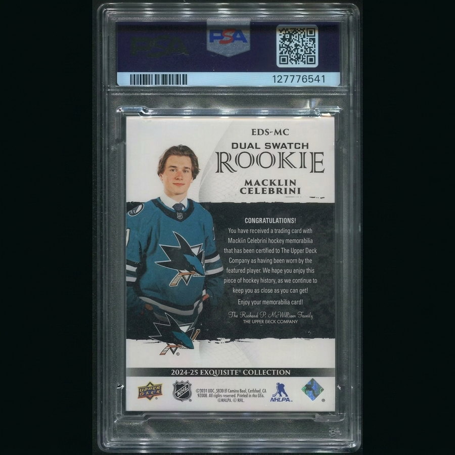Macklin Celebrini Signed 2024-25 Exquisite Gold Dual Patch Rookie Card | PSA 8 NM-MT #03/2