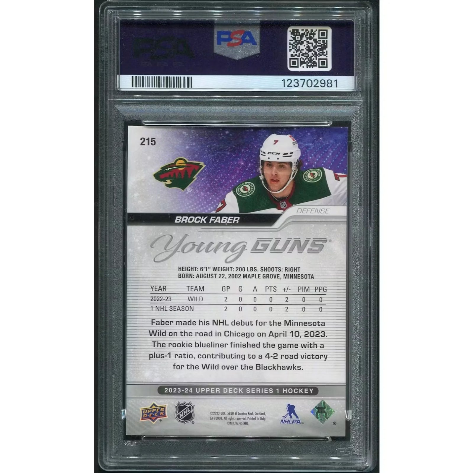 Brock Faber 2023-24 Upper Deck Young Guns Rookie #215 Card | PSA 8