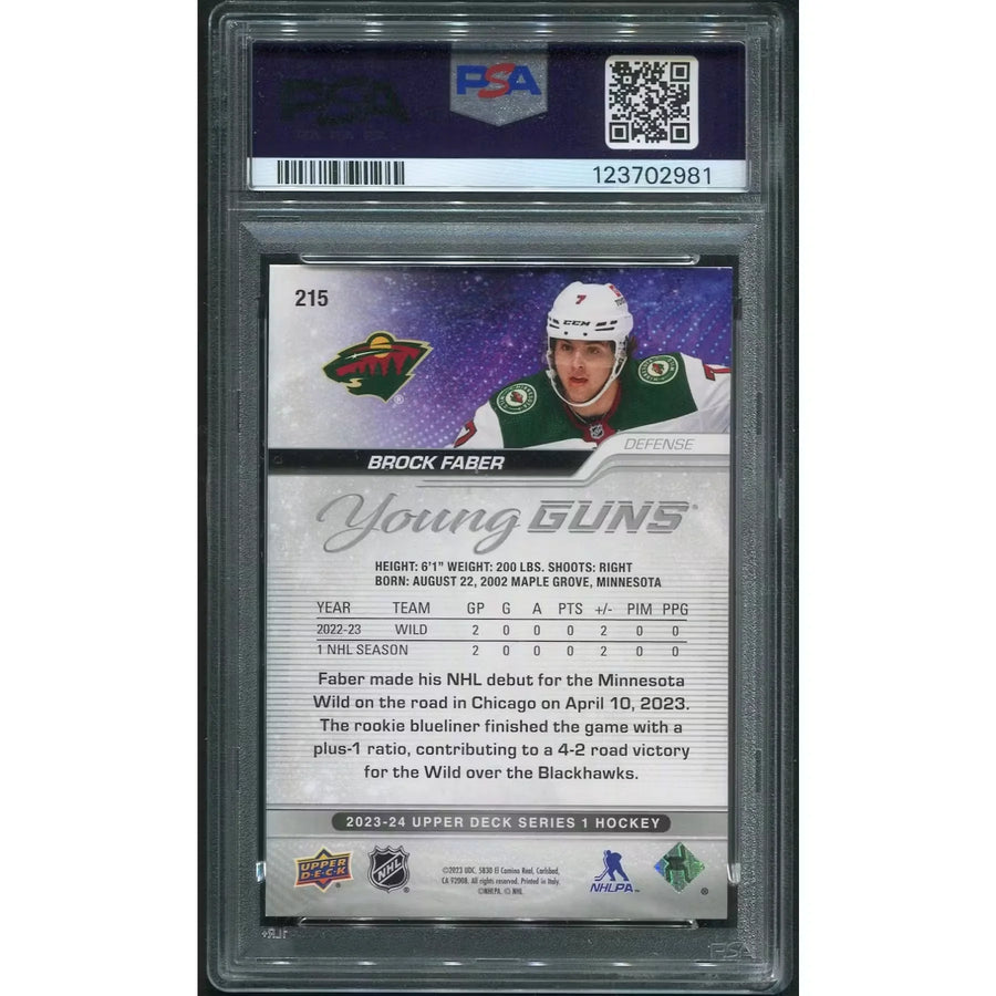 Brock Faber 2023-24 Upper Deck Young Guns Rookie #215 Card | PSA 8