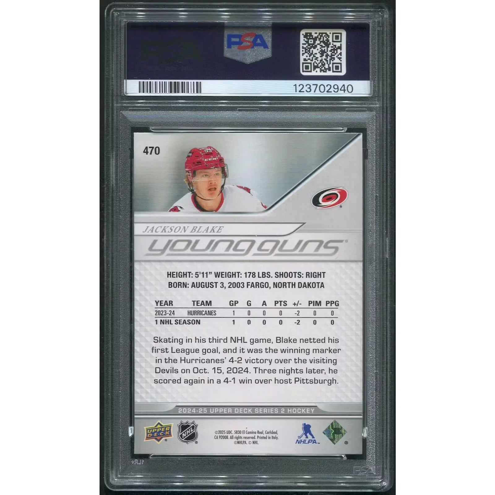 Jackson Blake 2024-25 Upper Deck Young Guns Rookie | PSA 9 Mint #470