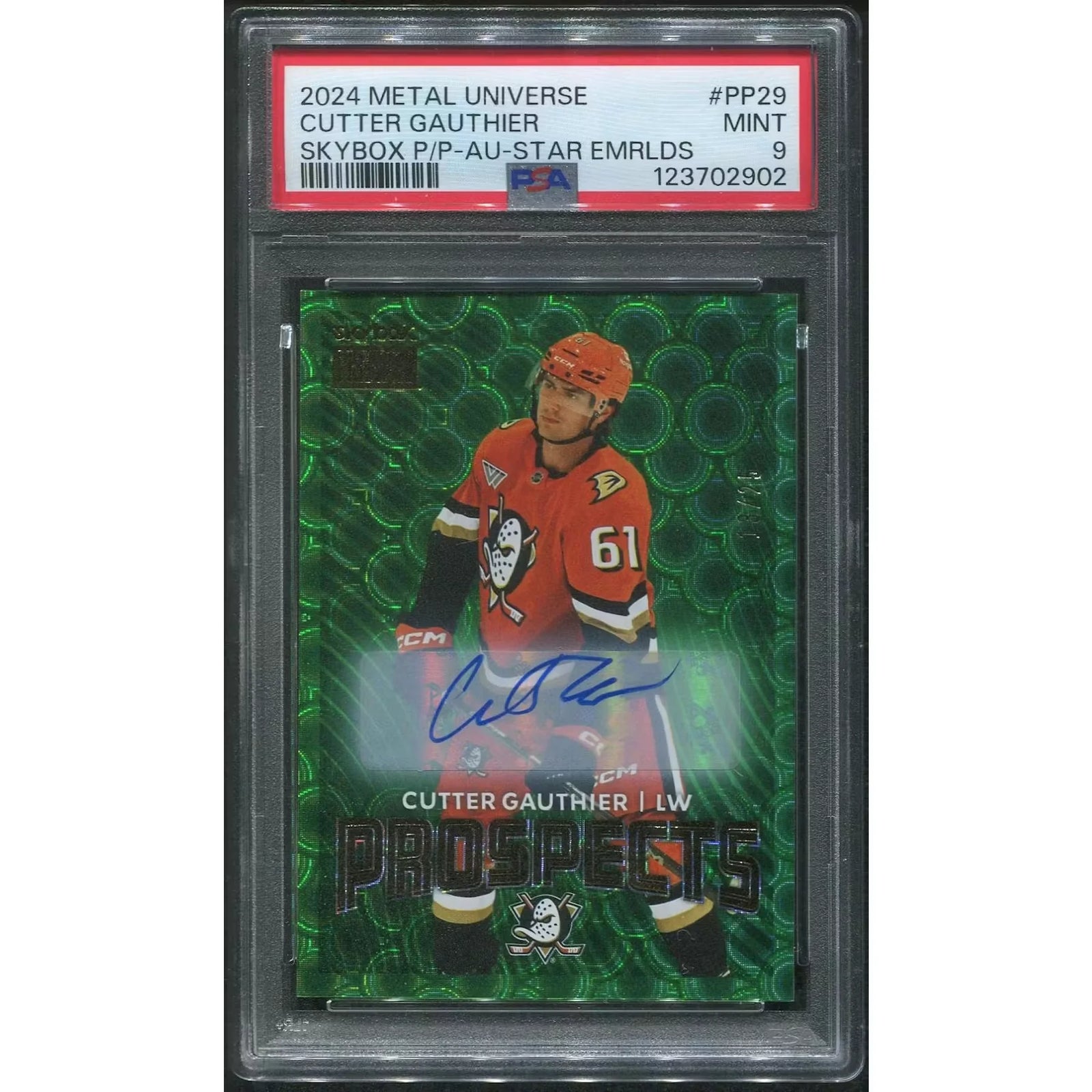 Cutter Gauthier Signed 2024-25 Metal Universe Rookie Card | Star Emerald #13/25 PSA 9