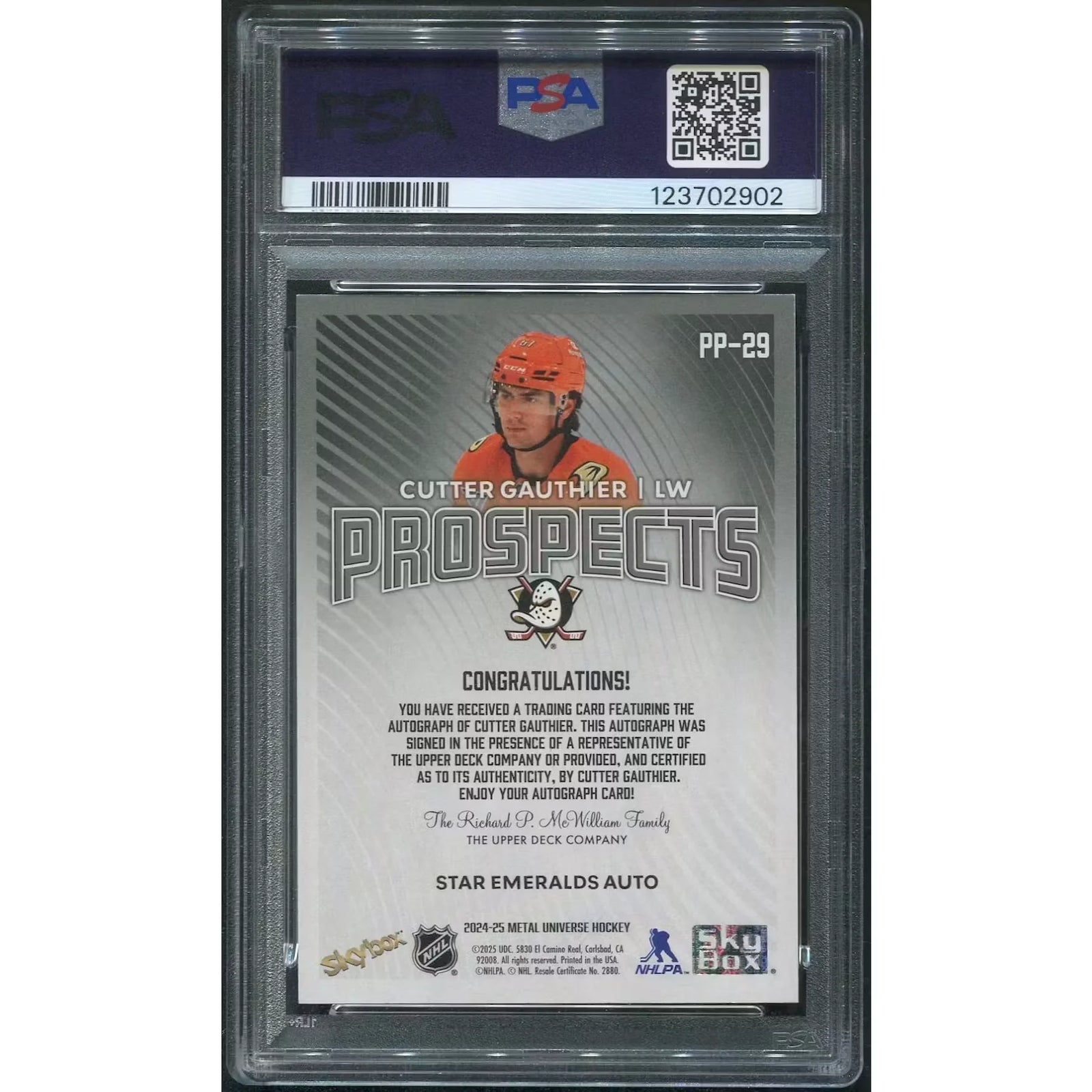 Cutter Gauthier Signed 2024-25 Metal Universe Rookie Card | Star Emerald #13/25 PSA 9